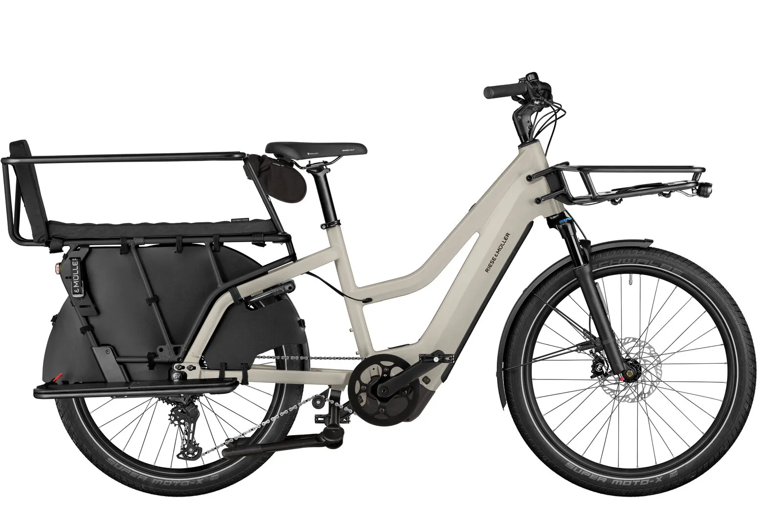 Riese & Müller Multicharger3 Mixte FAMILY in desert/black with family kit.