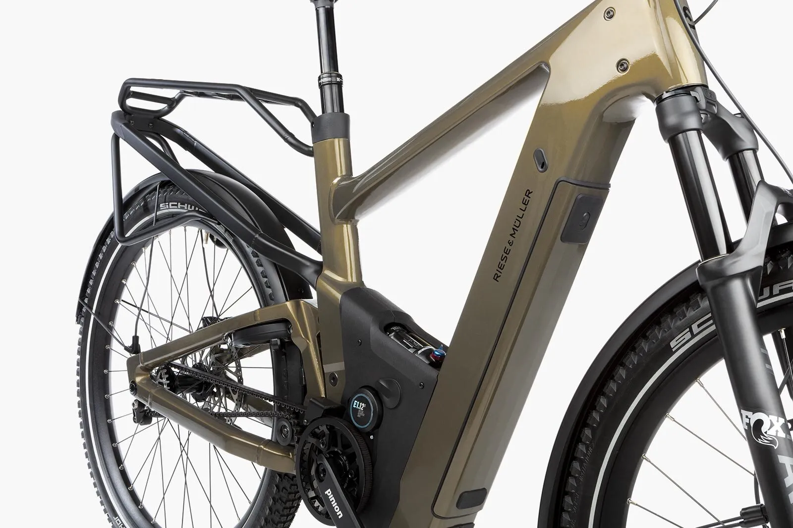 Close-up of the Delite5 Pinion frame showing integrated battery, motor and rear suspension.