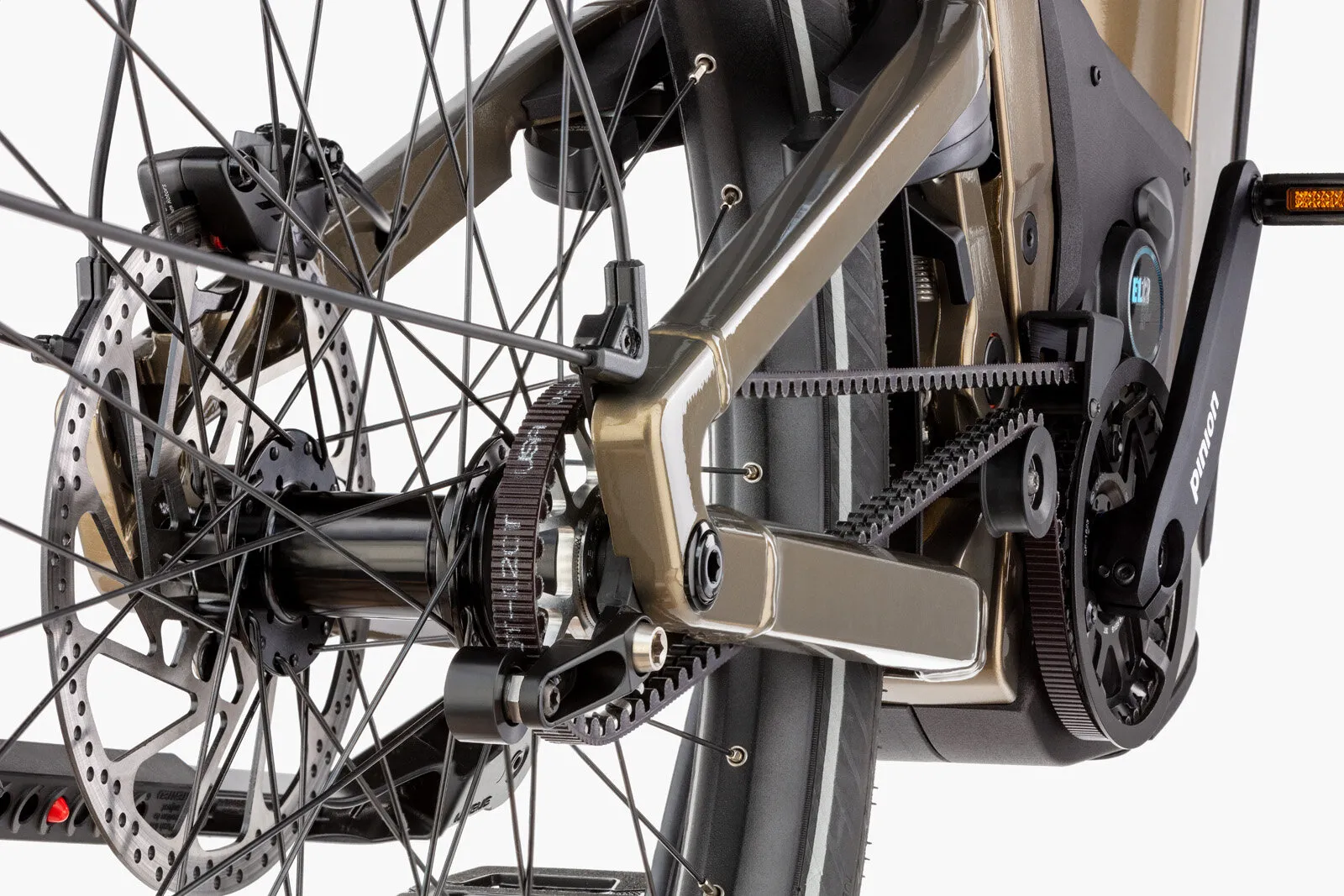 Close-up of the Delite5 rear wheel showing Gates belt drive, disc brake and suspension linkage.