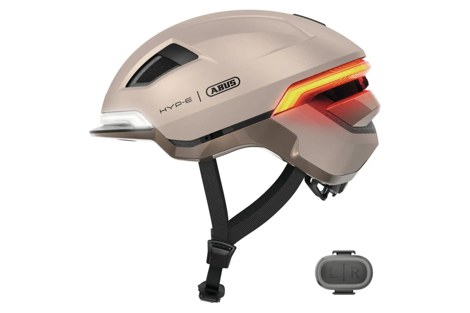 ABUS HYP-E helmet in champagne gold, side view with wireless remote control