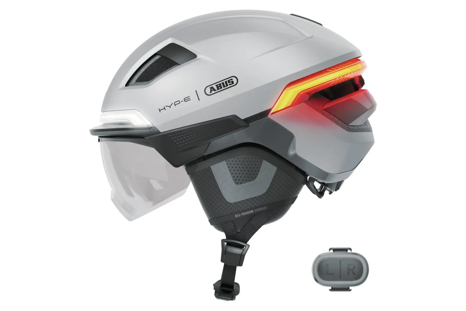 ABUS HYP-E ACE helmet in gleam silver, side view with wireless remote control