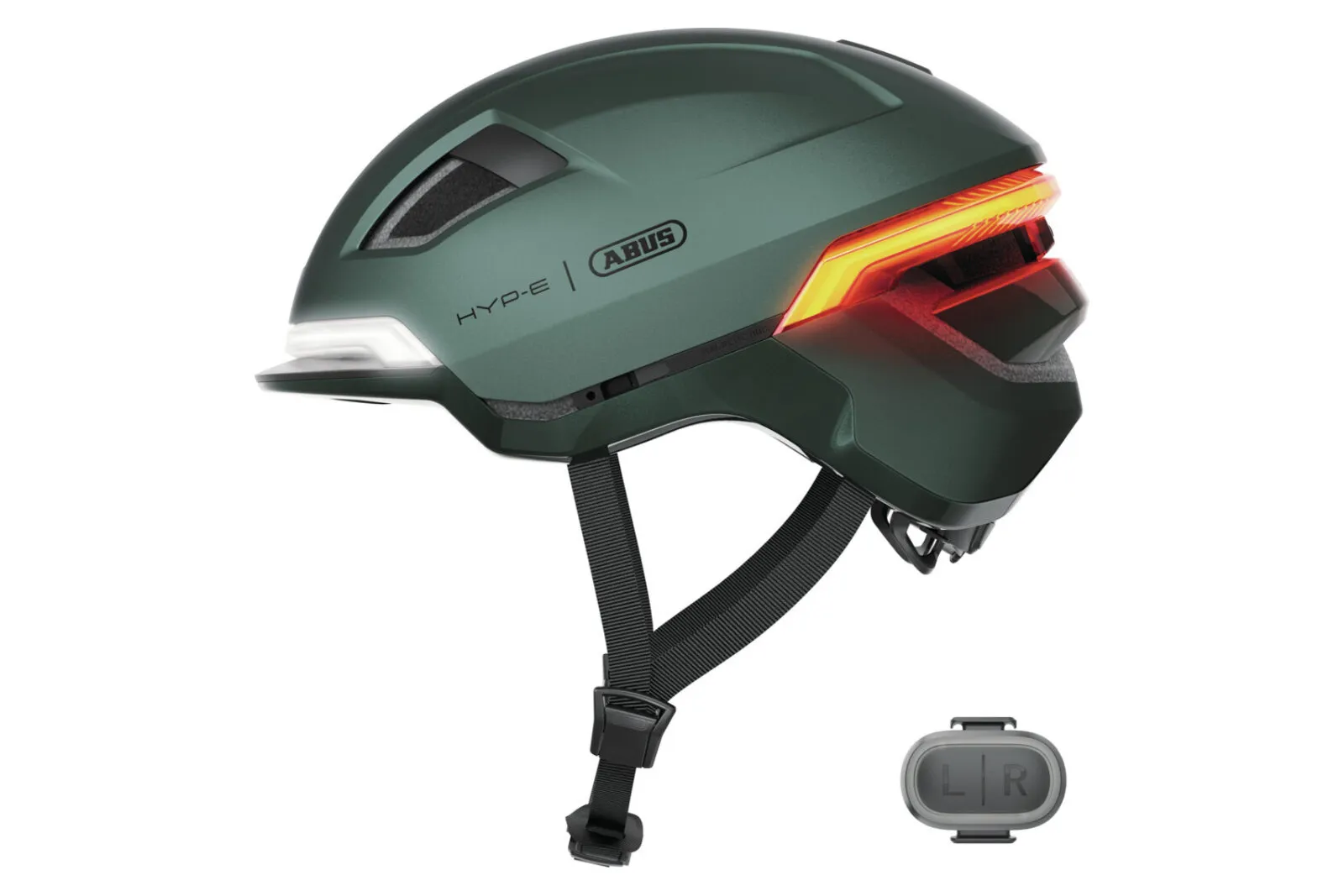 ABUS HYP-E helmet in jungle green, side view with wireless remote control
