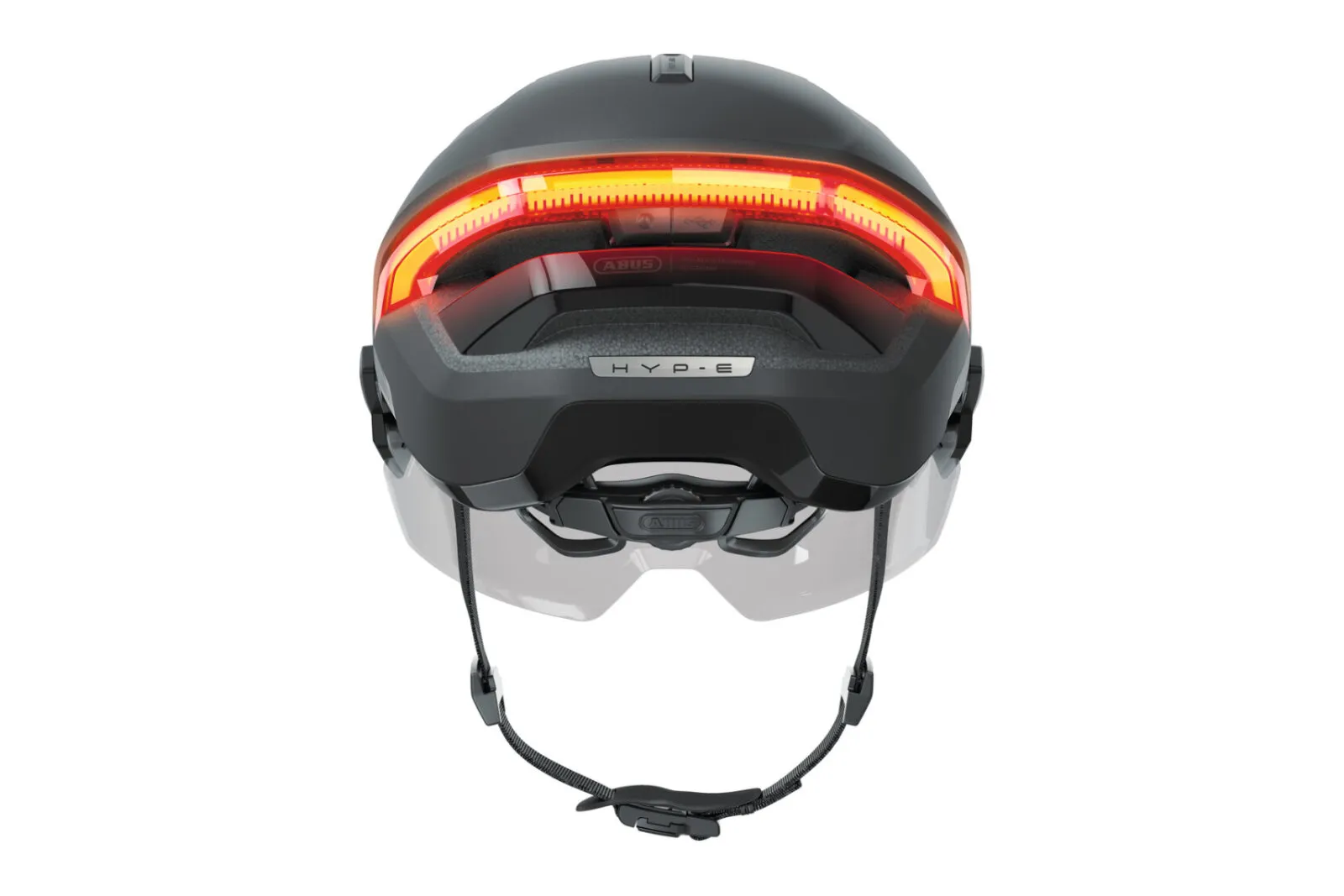 ABUS HYP-E ACE helmet in volcano titan, rear view showing integrated light bar