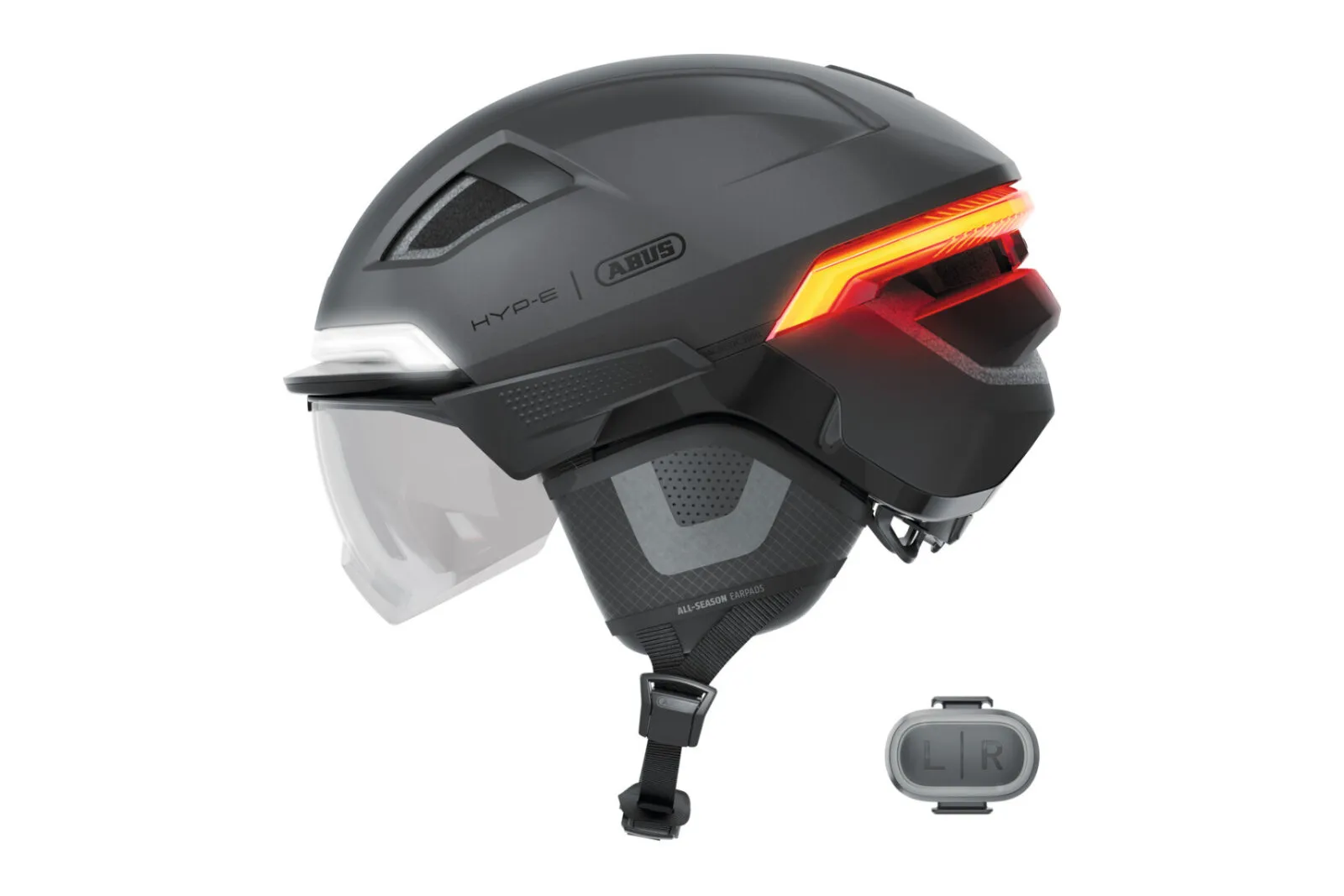 ABUS HYP-E ACE helmet in volcano titan, side view with wireless remote control