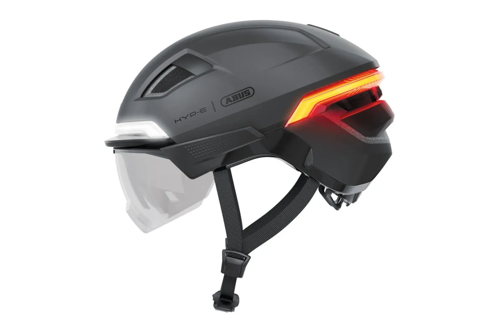 ABUS HYP-E ACE helmet in volcano titan, side view showing integrated rear light