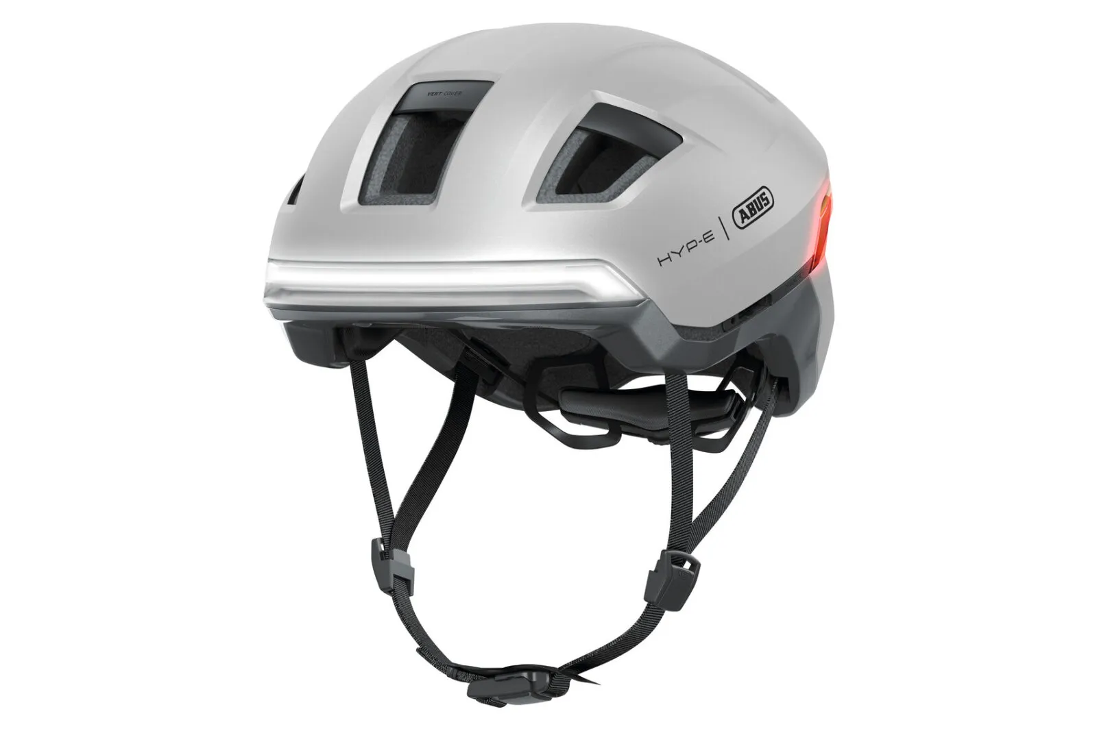 ABUS HYP-E helmet in gleam silver, three-quarter front view showing front light