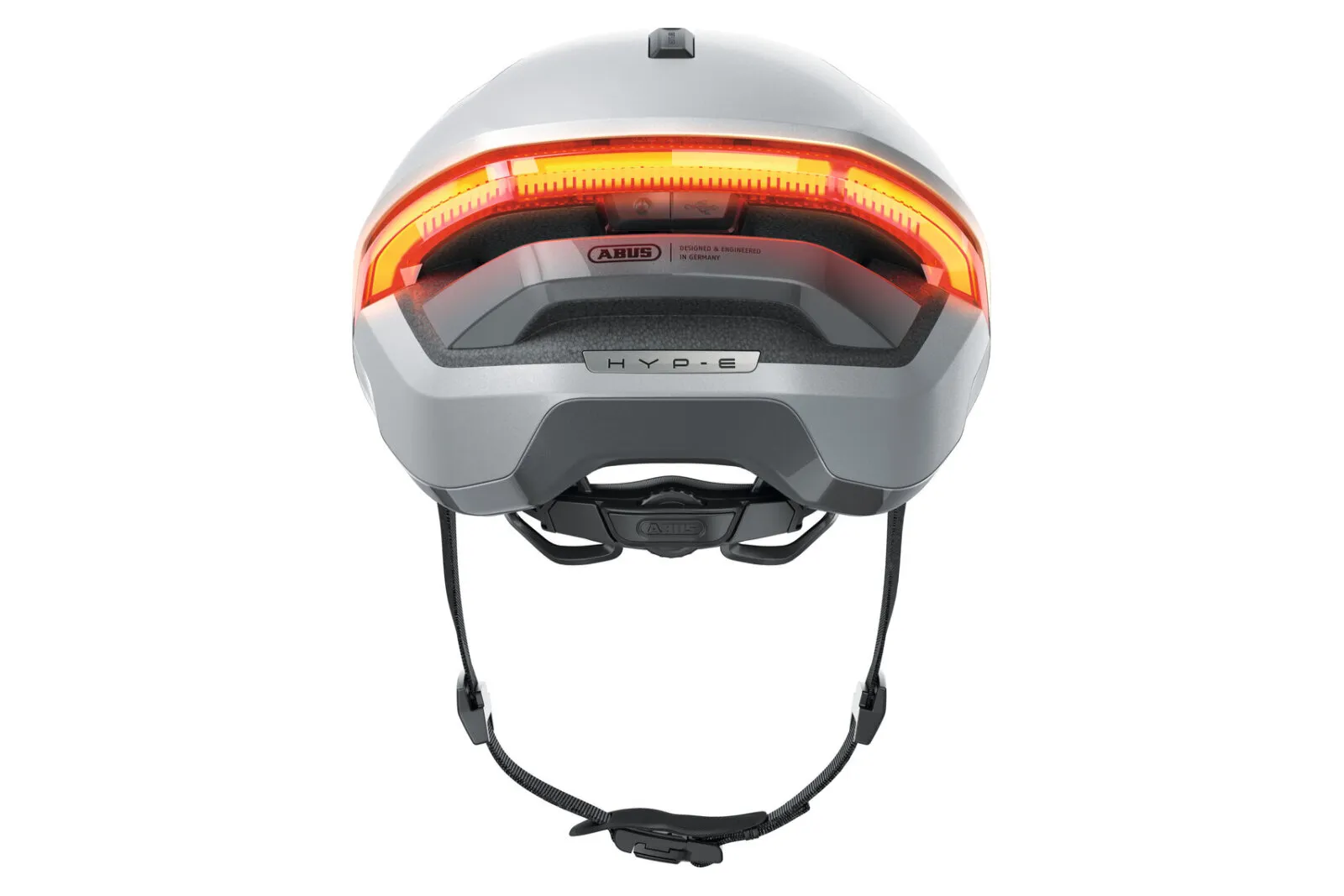 ABUS HYP-E helmet in gleam silver, rear view showing integrated light bar