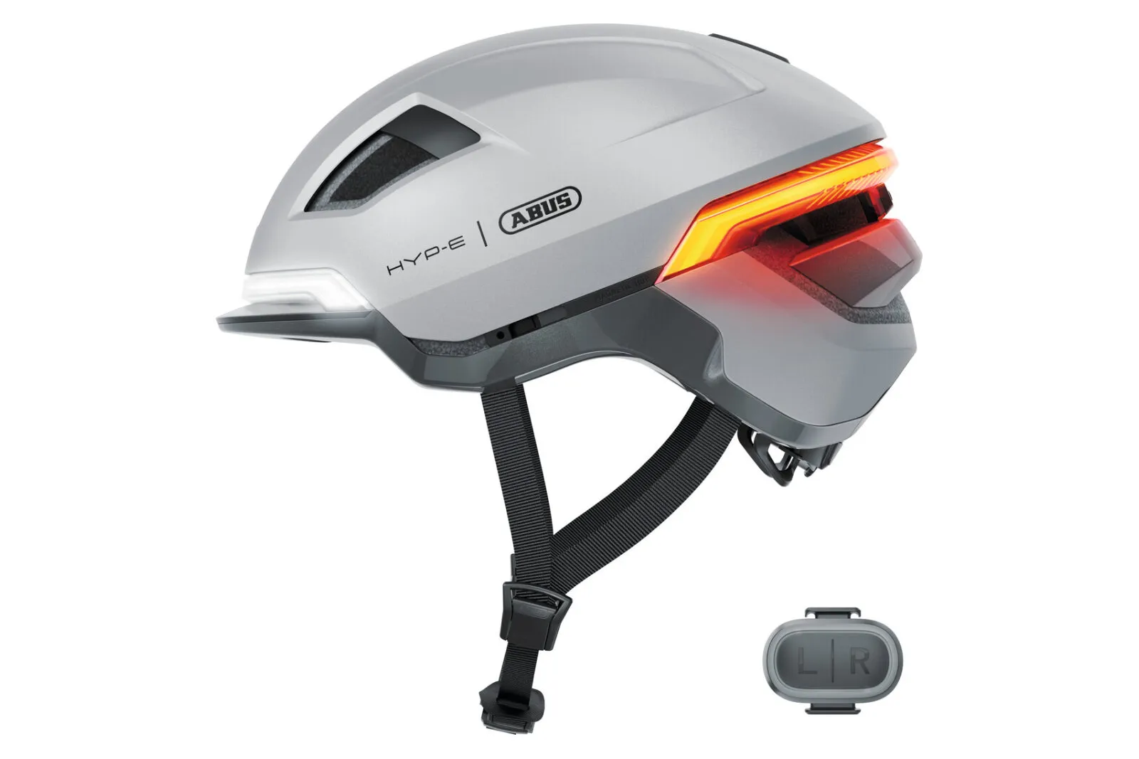ABUS HYP-E helmet in gleam silver, side view with wireless remote control