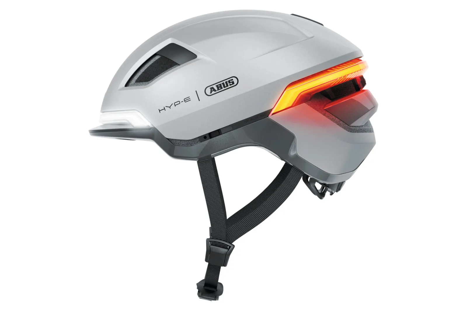 ABUS HYP-E helmet in gleam silver, side view showing integrated rear light