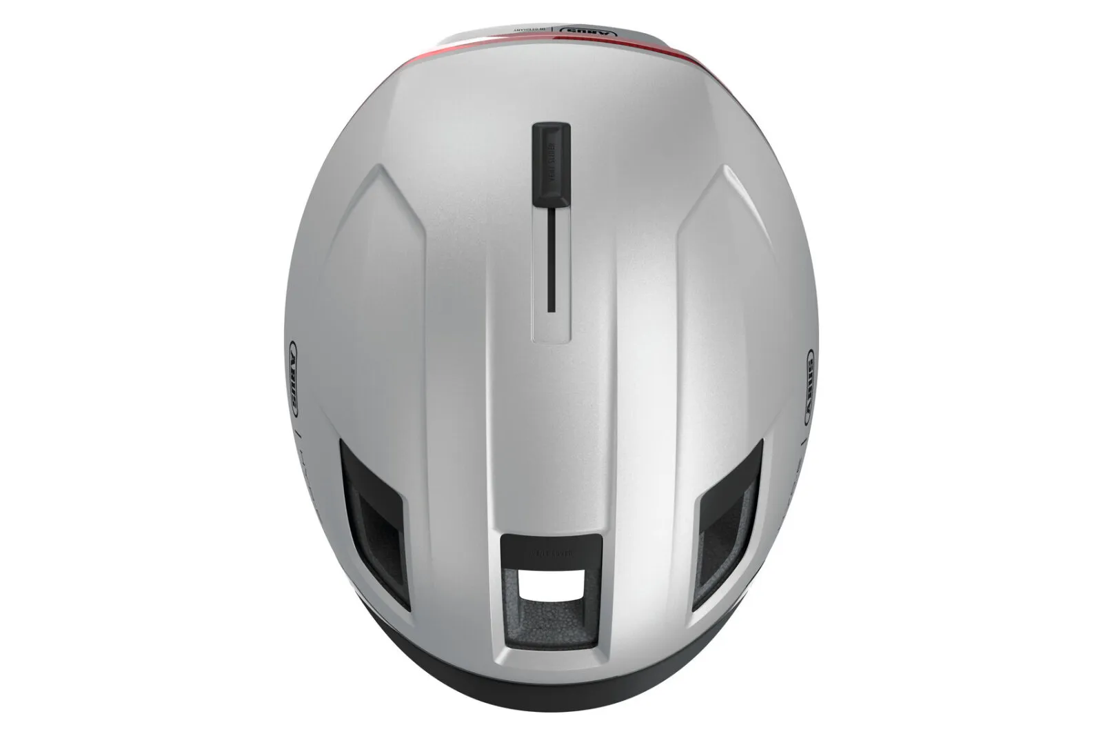 ABUS HYP-E helmet in gleam silver, top view showing vent covers