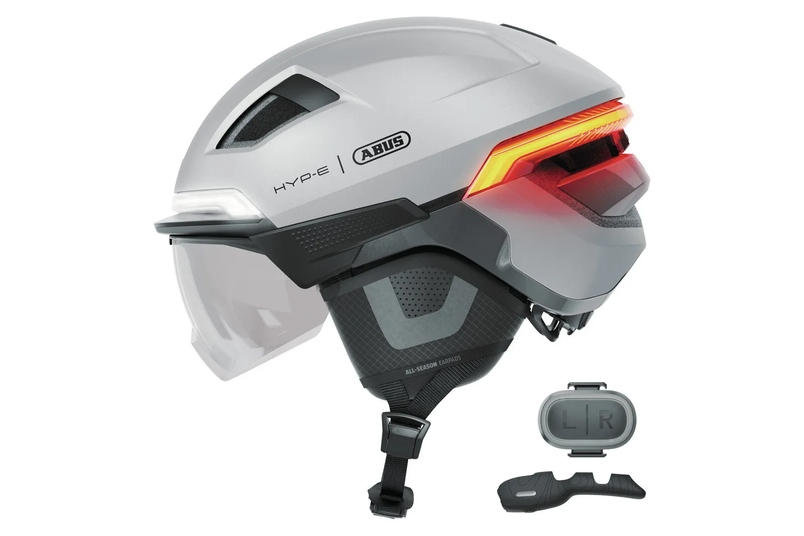 ABUS HYP-E BL.ACE helmet in gleam silver, side view with wireless remote control