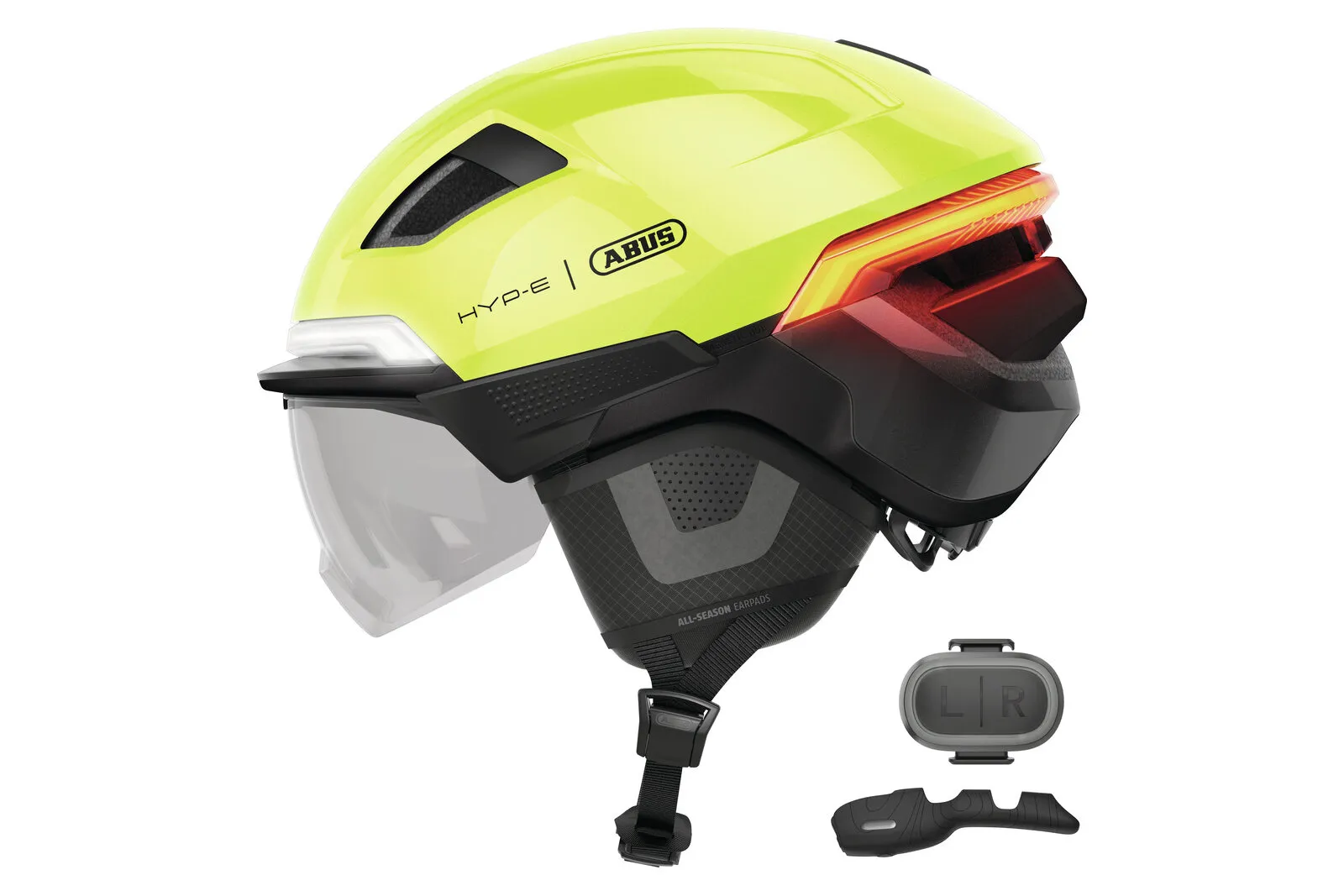ABUS HYP-E BL.ACE helmet in signal yellow, side view with wireless remote control
