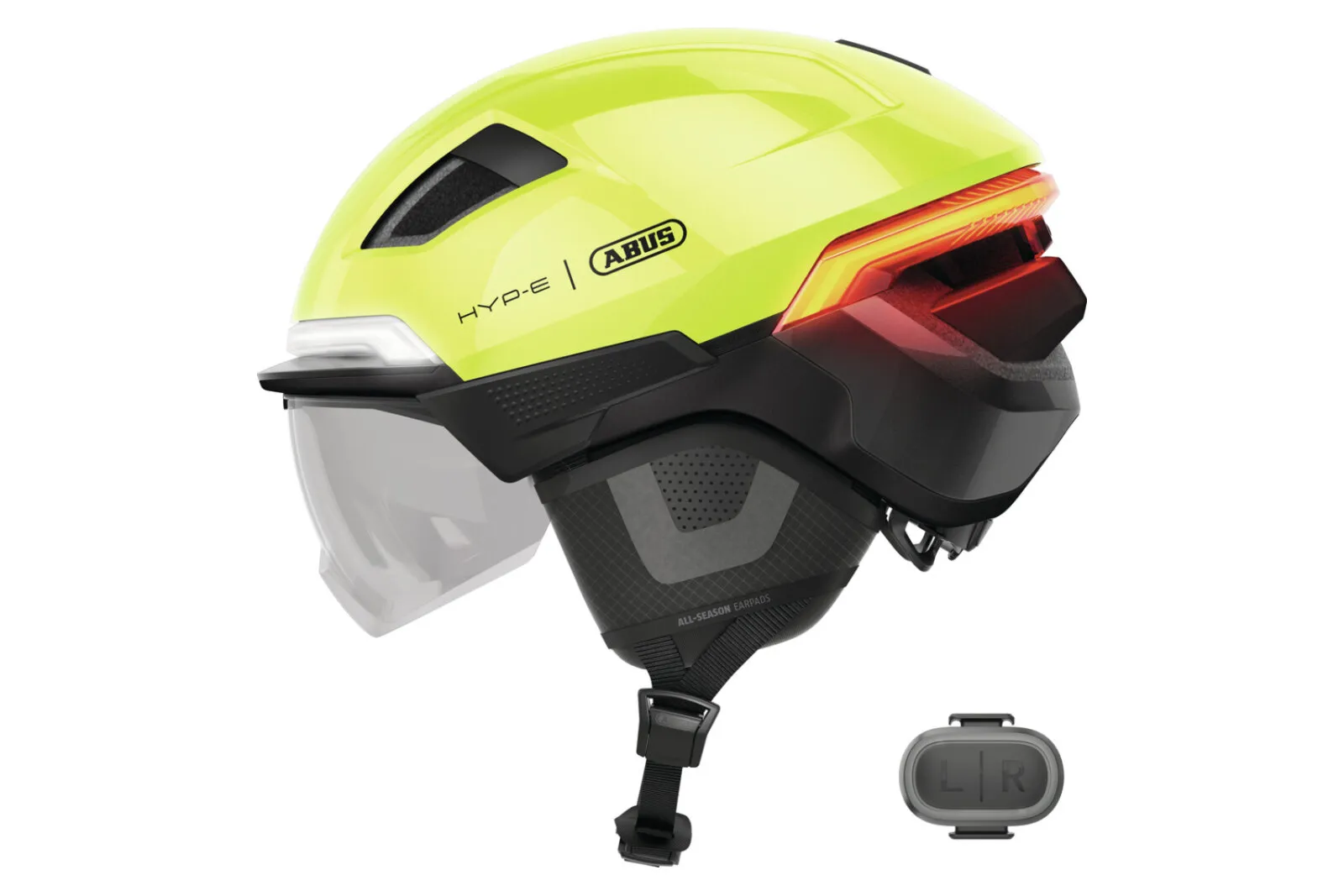 ABUS HYP-E ACE helmet in signal yellow, side view with wireless remote control