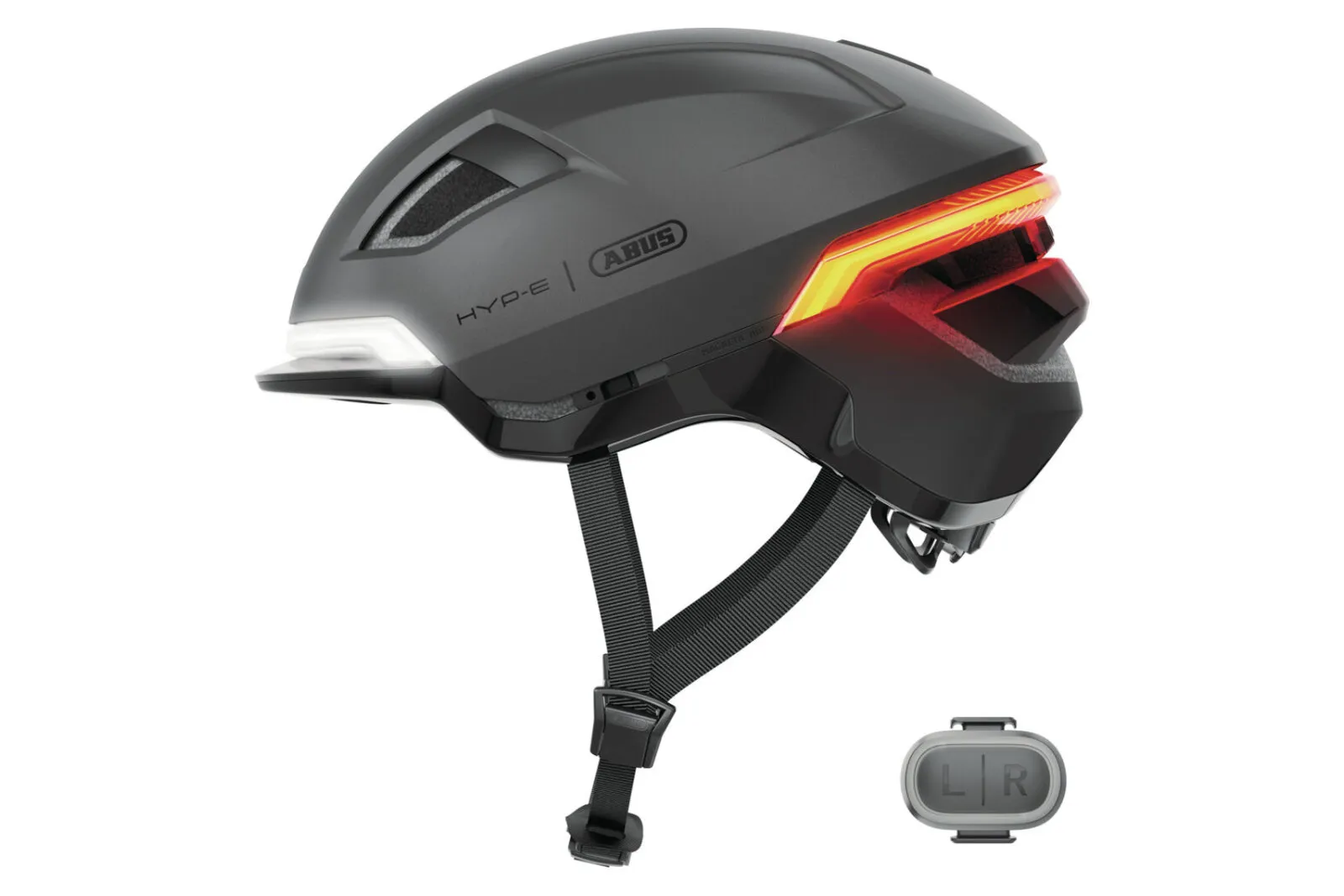 ABUS HYP-E helmet in volcano titan, side view with wireless remote control