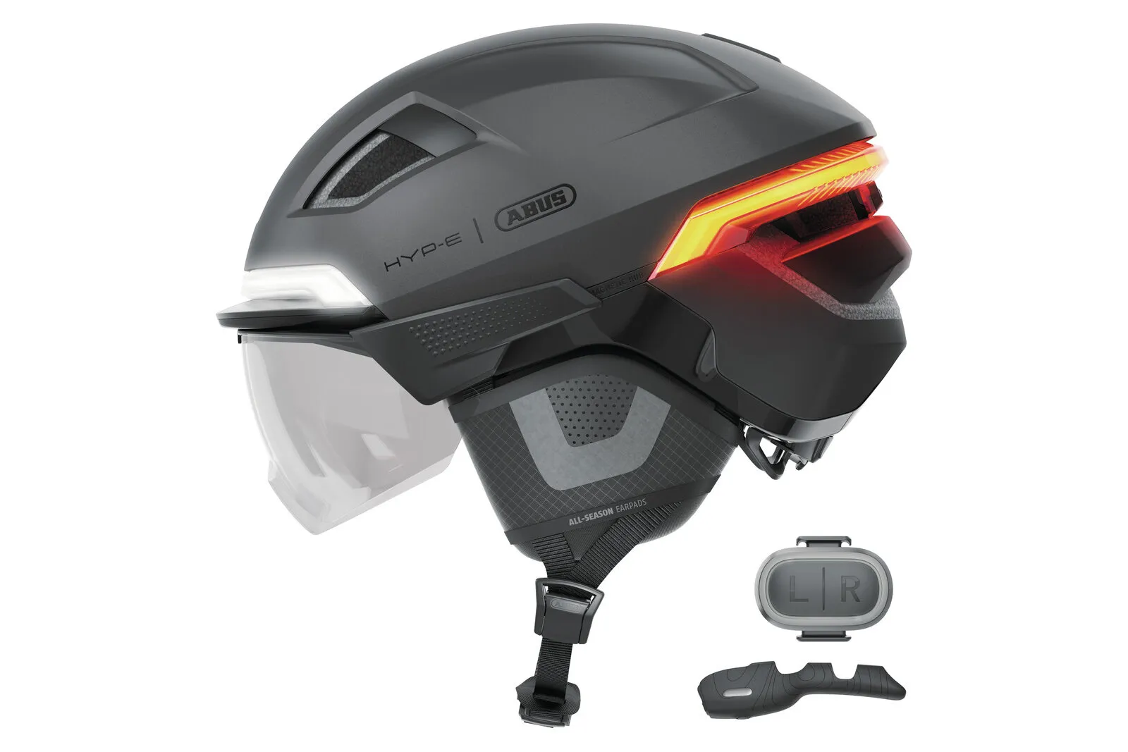 ABUS HYP-E BL.ACE helmet in volcano titan, side view with wireless remote controls