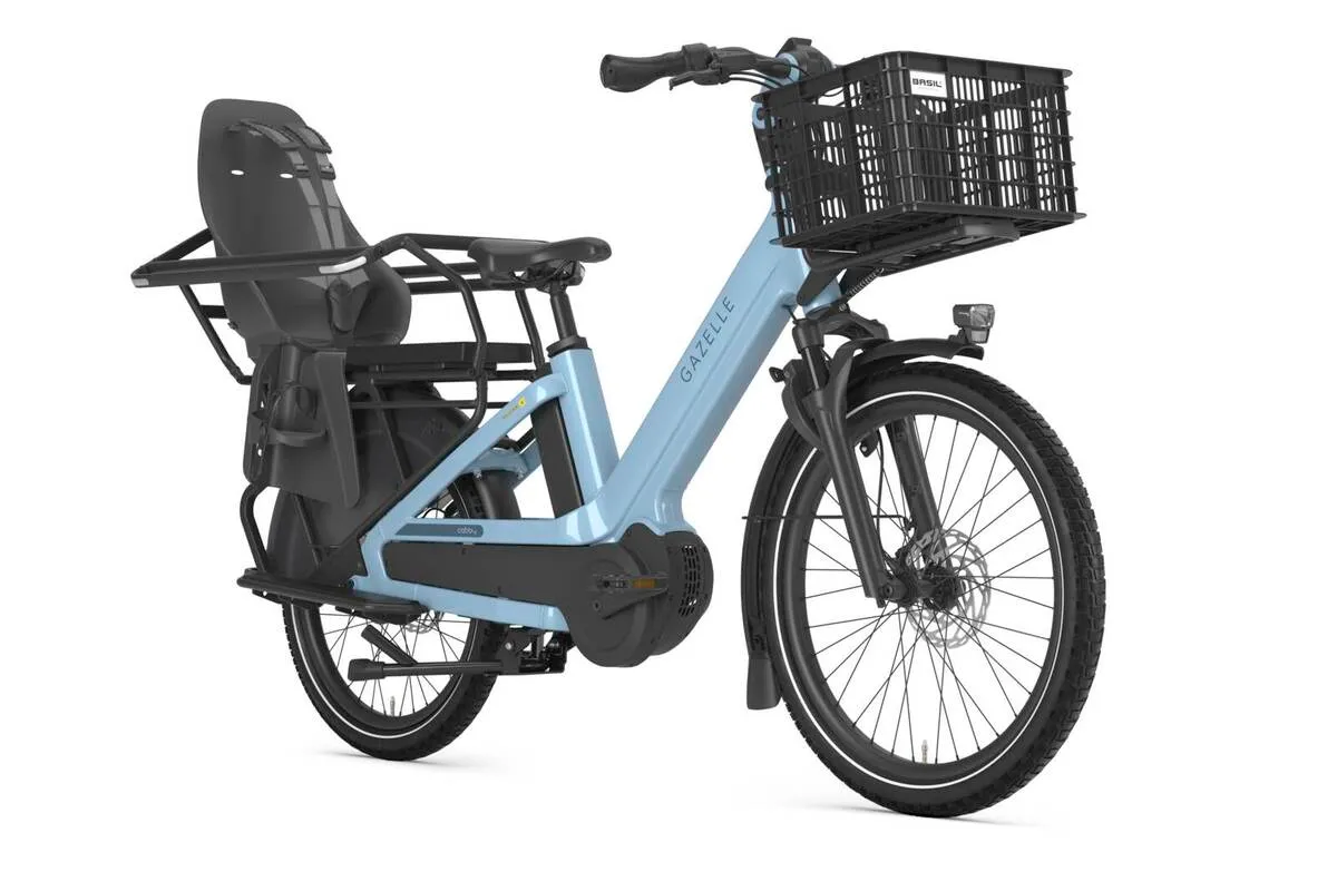 Gazelle Cabby C380 in denim blue gloss equipped with monkey bar, longtail seat cushion and footrests