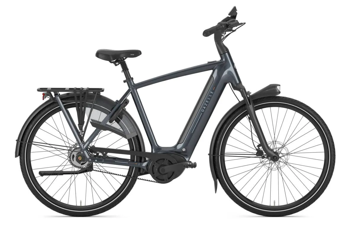 Anthracite grey Gazelle Grenoble C5 e-bike with diamond frame, rear rack and mudguards in profile view.