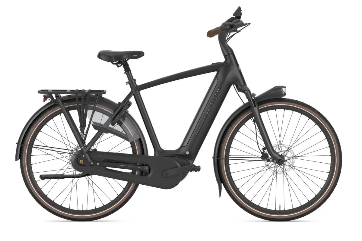 Gazelle Grenoble C8 e-bike with diamond frame and brown tyre sidewalls in profile view.