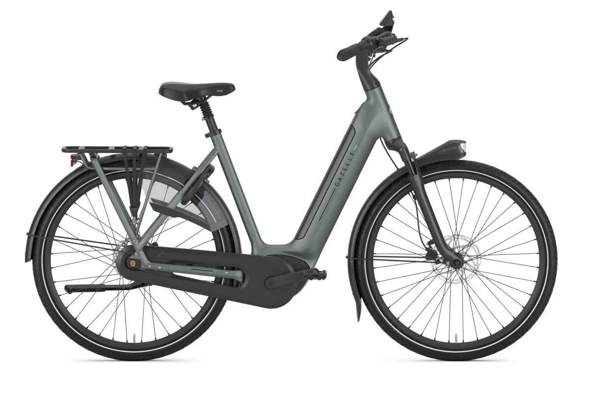 Gazelle Grenoble C8 e-bike with step-through frame and mudguards in profile view.