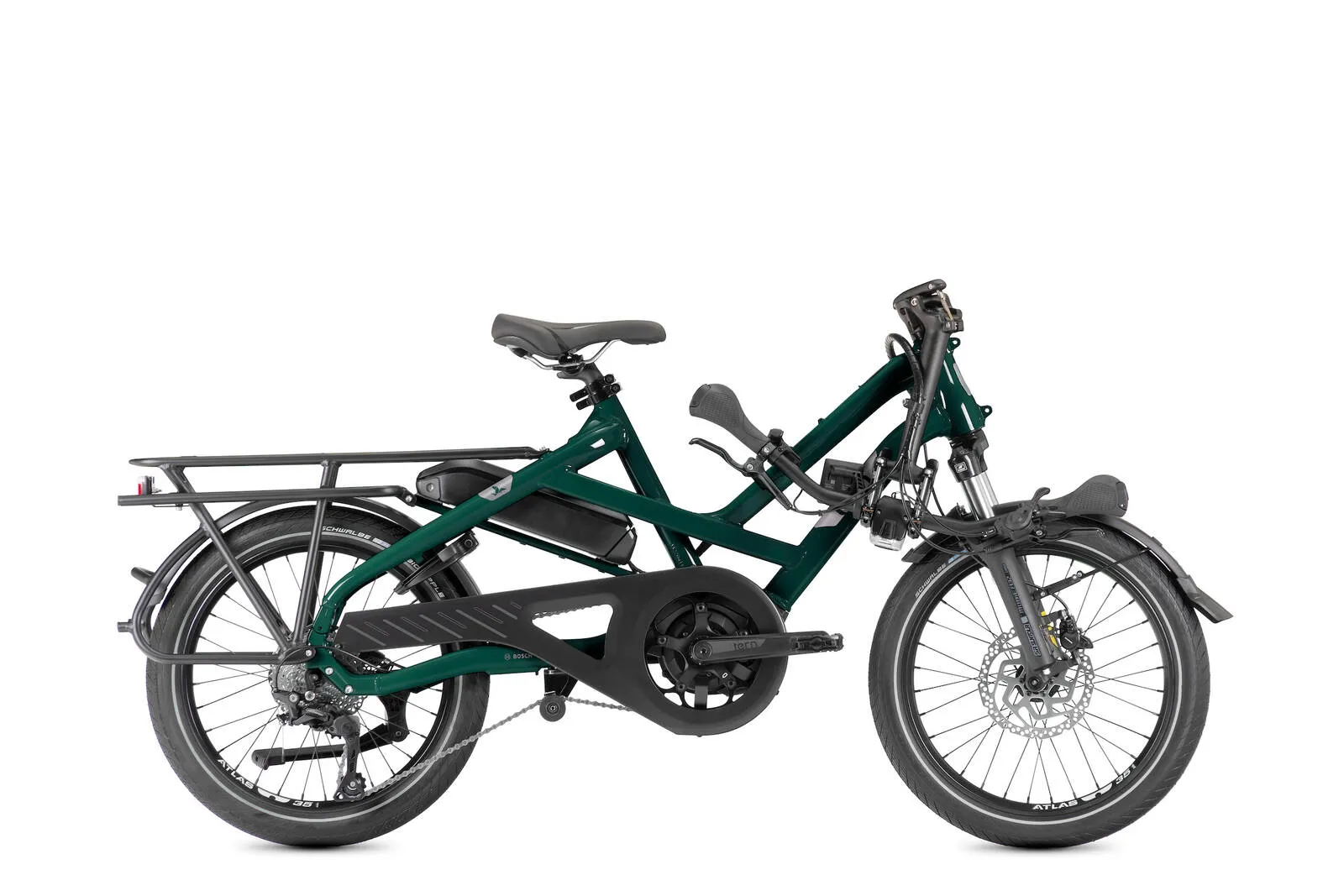 A Tern HSD P10 in blue-green with its handlebars folded down.