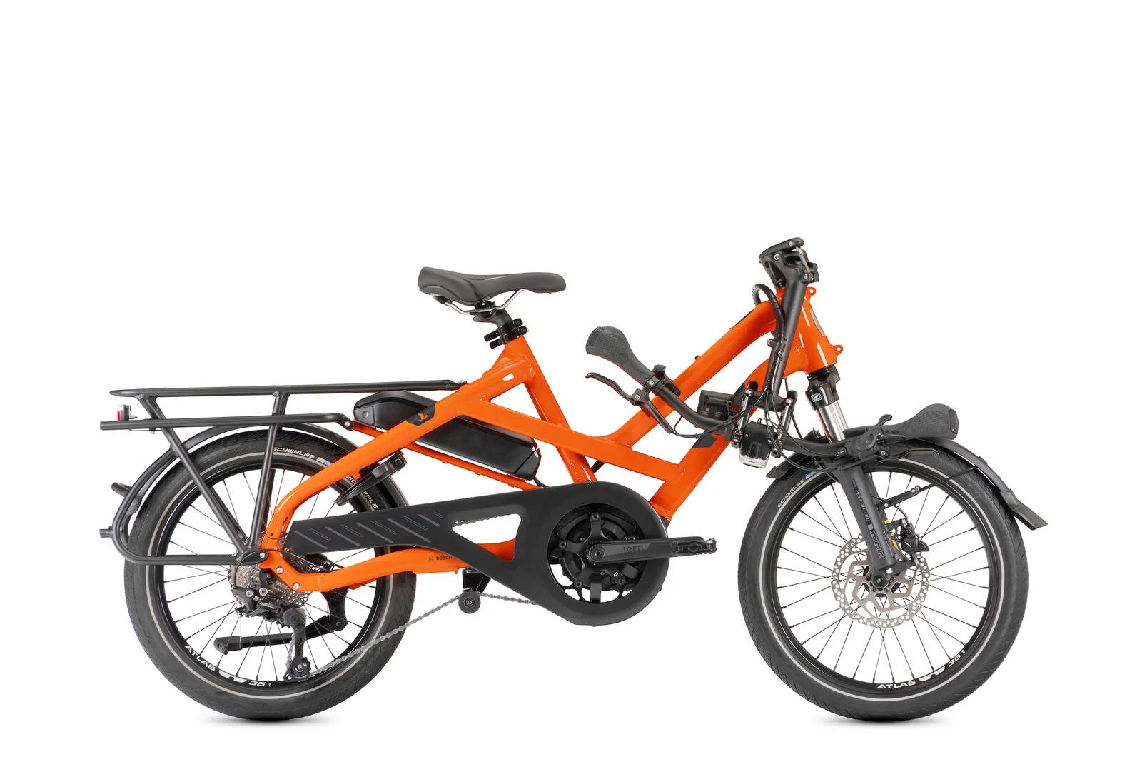A Tern HSD P10 in orange with its handlebars folded down.
