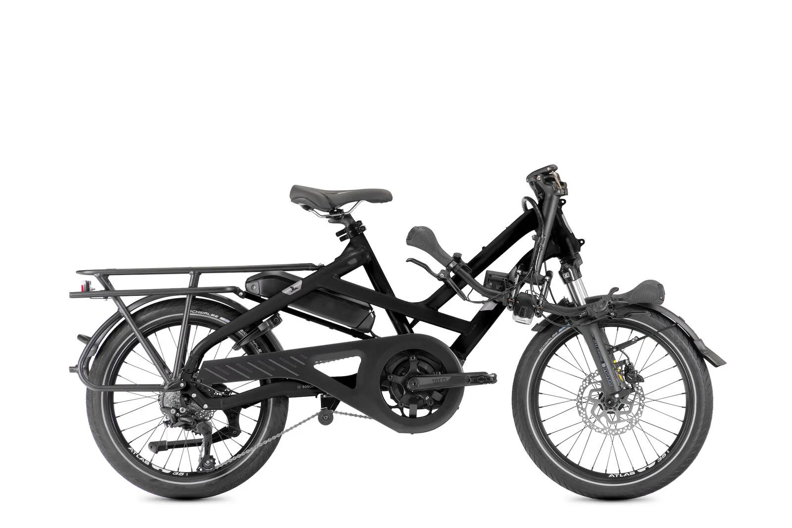 A Tern HSD P10 in satin black with its handlebars folded down.