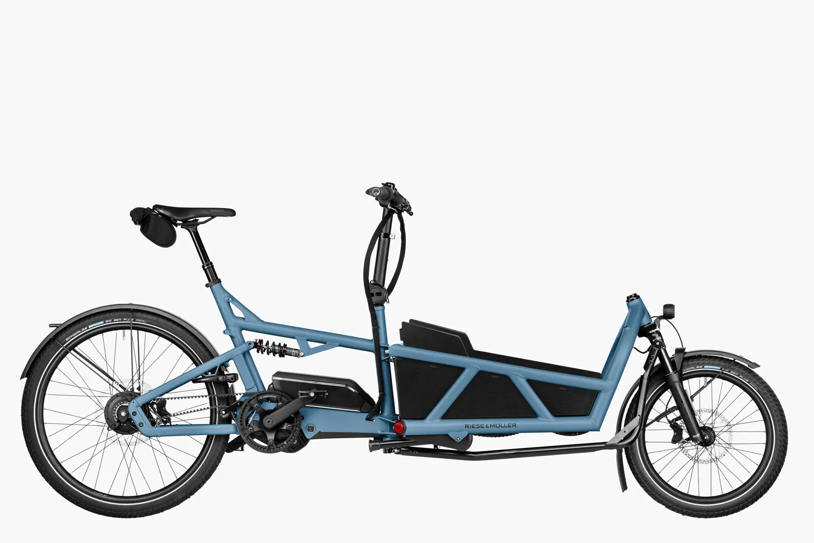 Riese & Müller Load5 60 in arctic with full suspension and 60cm cargo box.