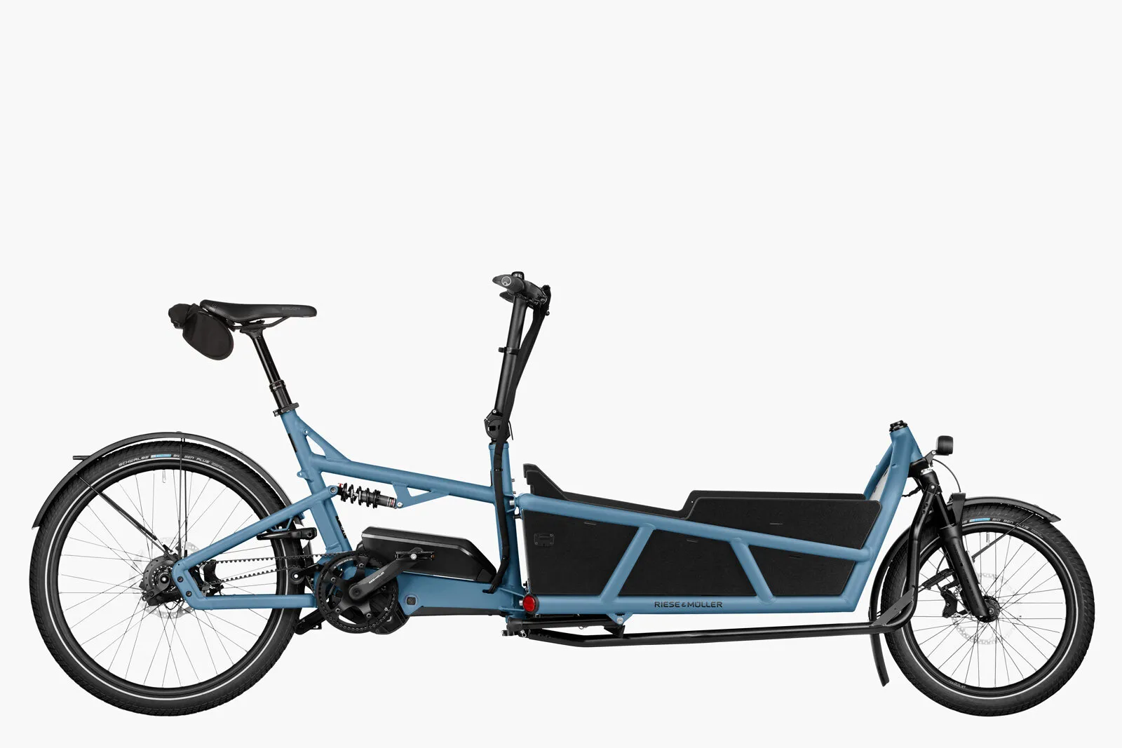 Riese & Müller Load5 75 in arctic with full suspension and 75cm cargo box.