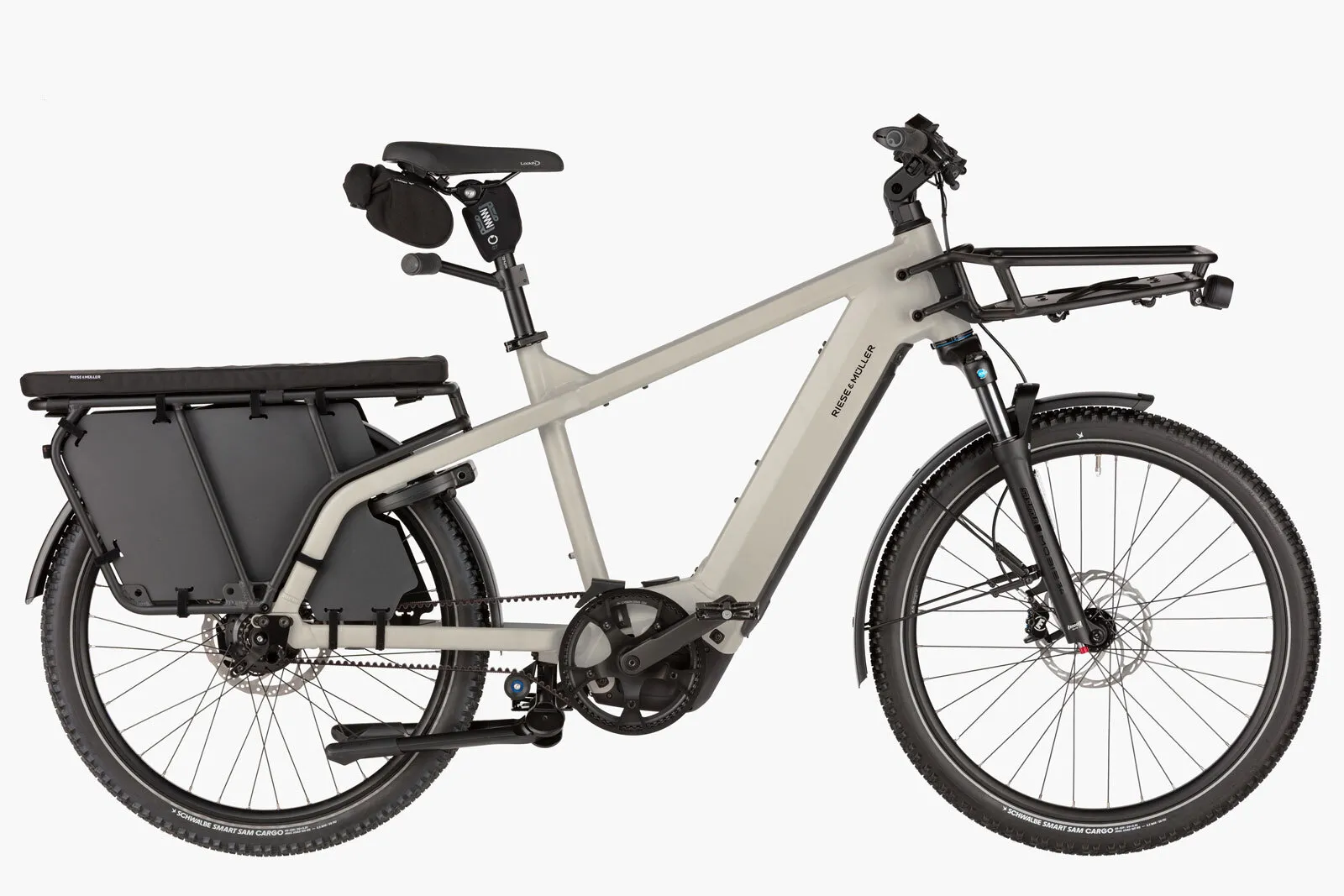 Riese & Müller Multicharger3 in utility grey with cargo bags and front carrier.