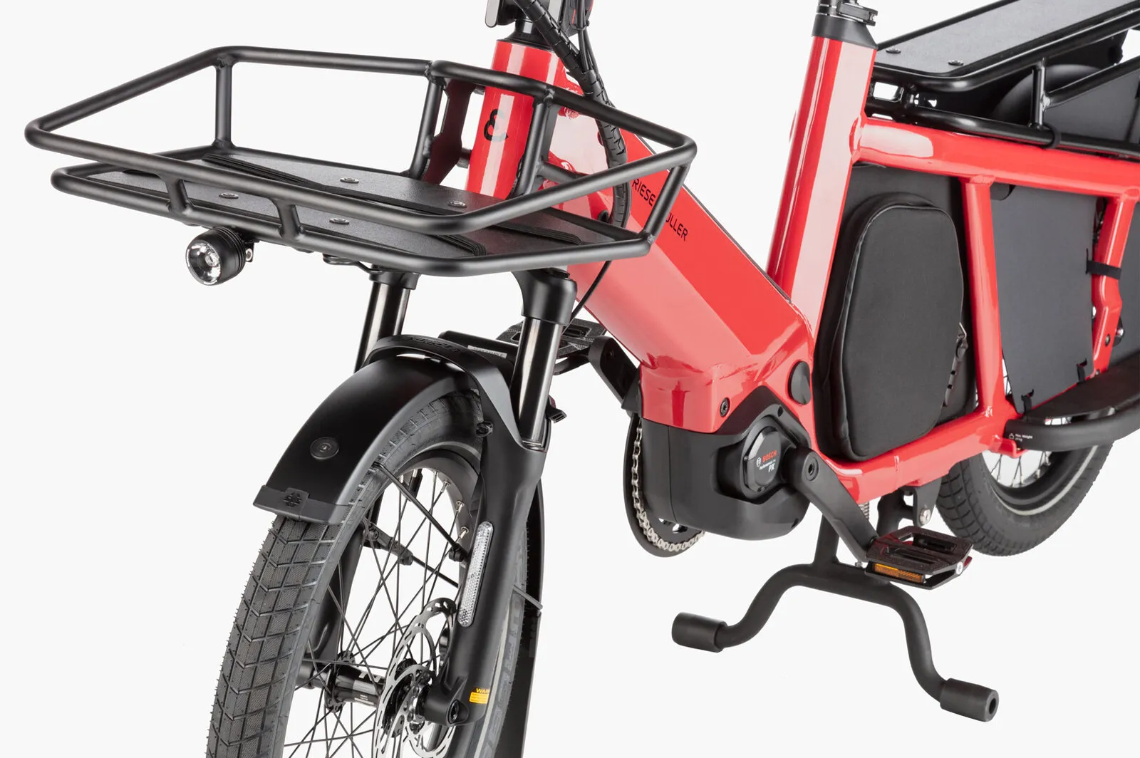 Close-up of the Multitinker2 front carrier, Bosch motor and bipod stand.