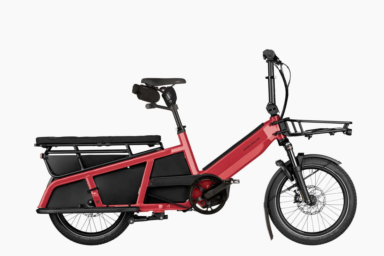 Riese & Müller Multitinker2 in lava/black with front carrier and rear sideloaders.