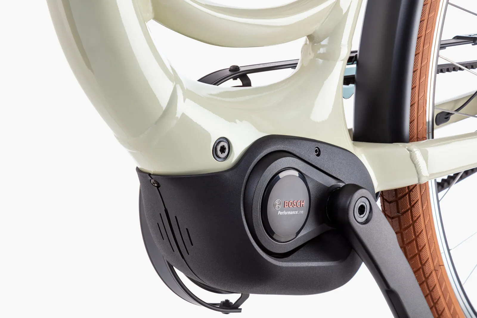 Close-up of the Swing5 Bosch Performance Line motor and belt drive.