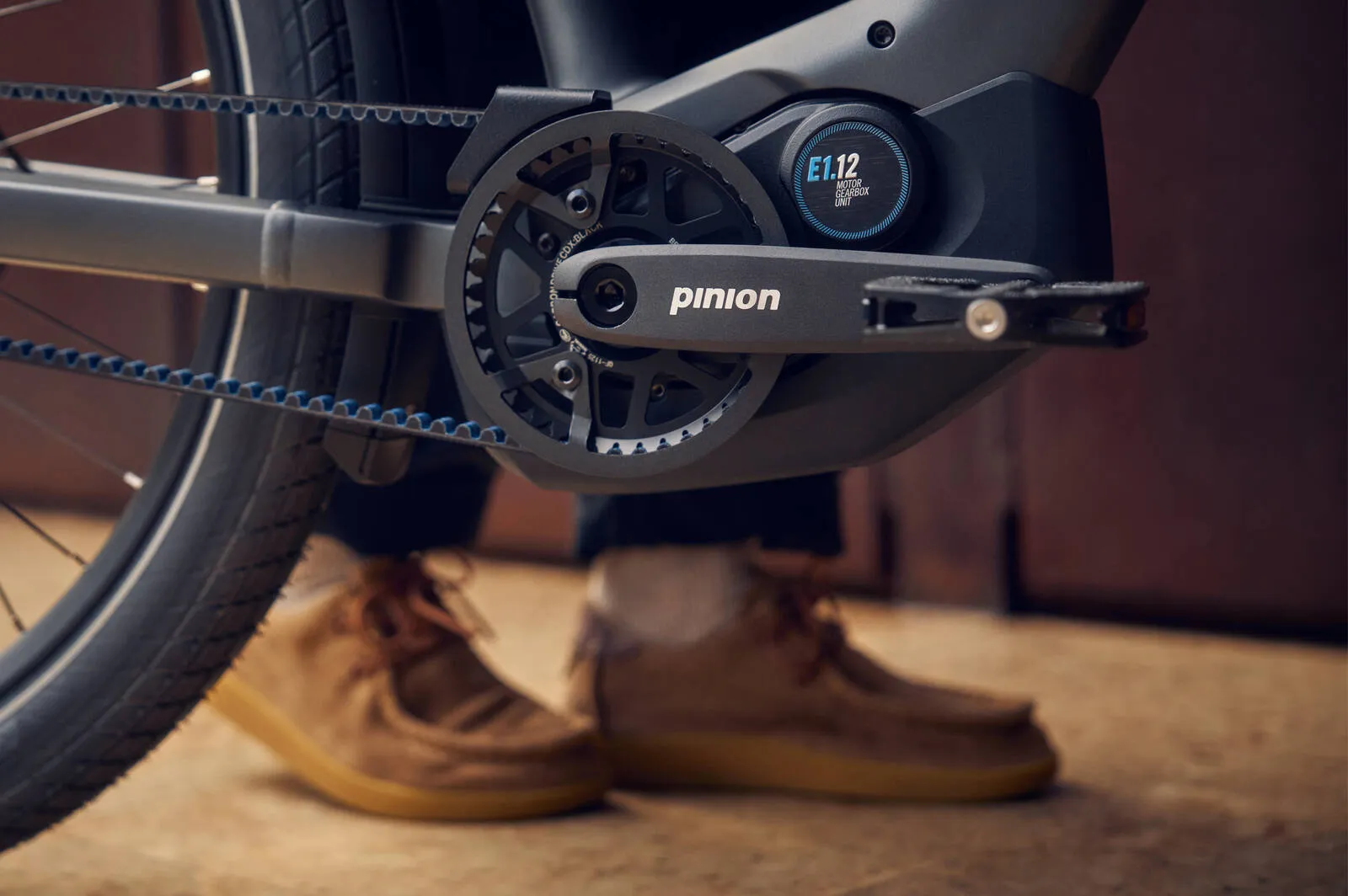 Close-up detail of the Riese & Müller Charger5 pinion drivetrain and frame.