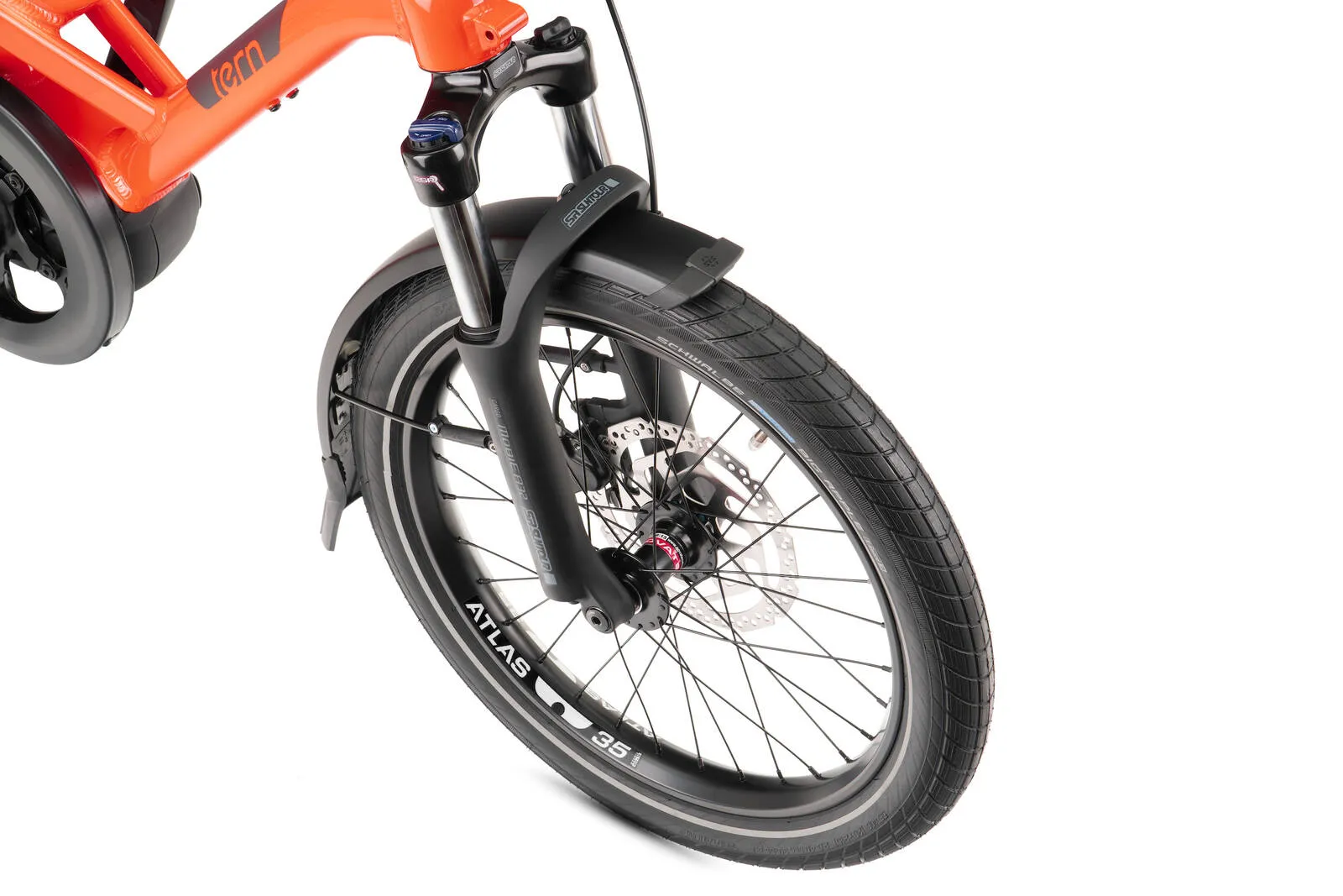A close-up of the forks of a Tern HSD P10.