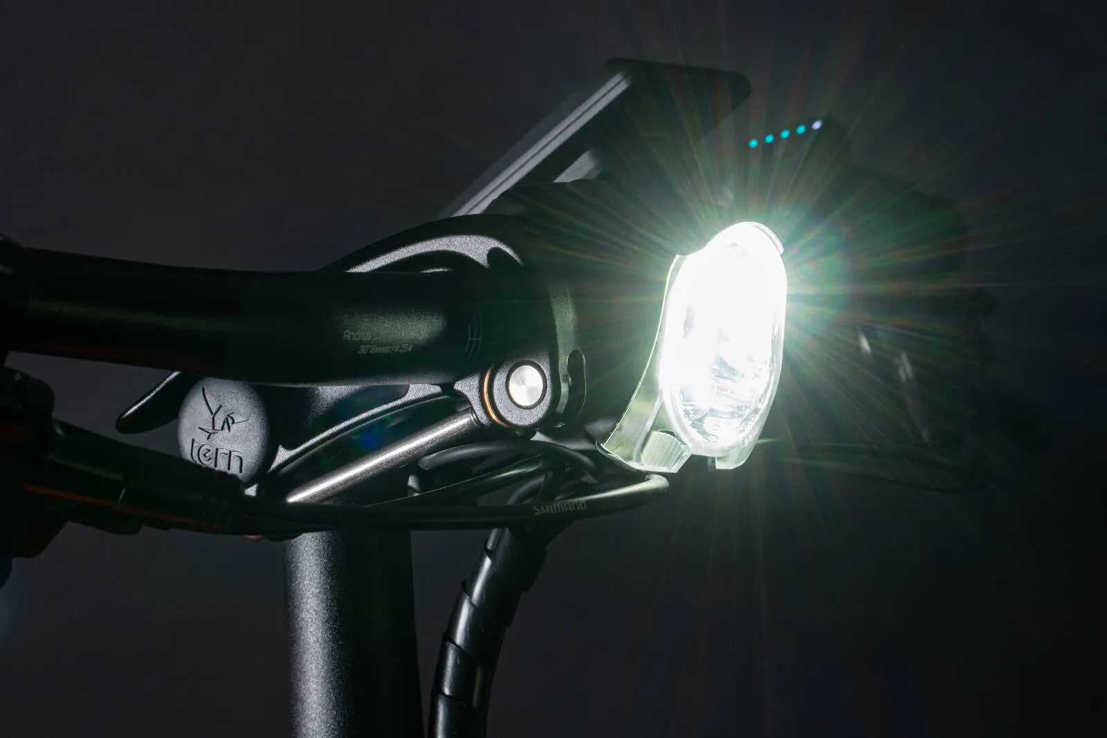 A close-up of the headlight of a Tern HSD P10.