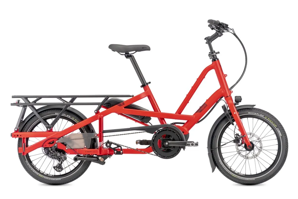 Red Tern Quick Haul Long e-bike product shot displaying side view with Bosch motor system, hydraulic brakes, and integrated rear rack