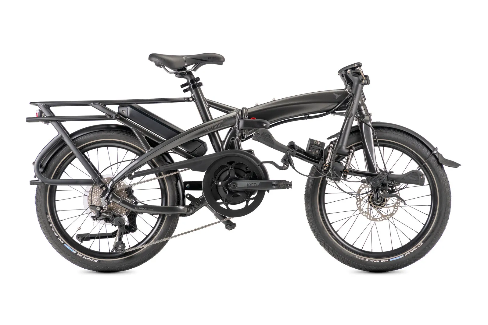 Tern Vektron P10 in cosmic black with the handlebars folded flat.