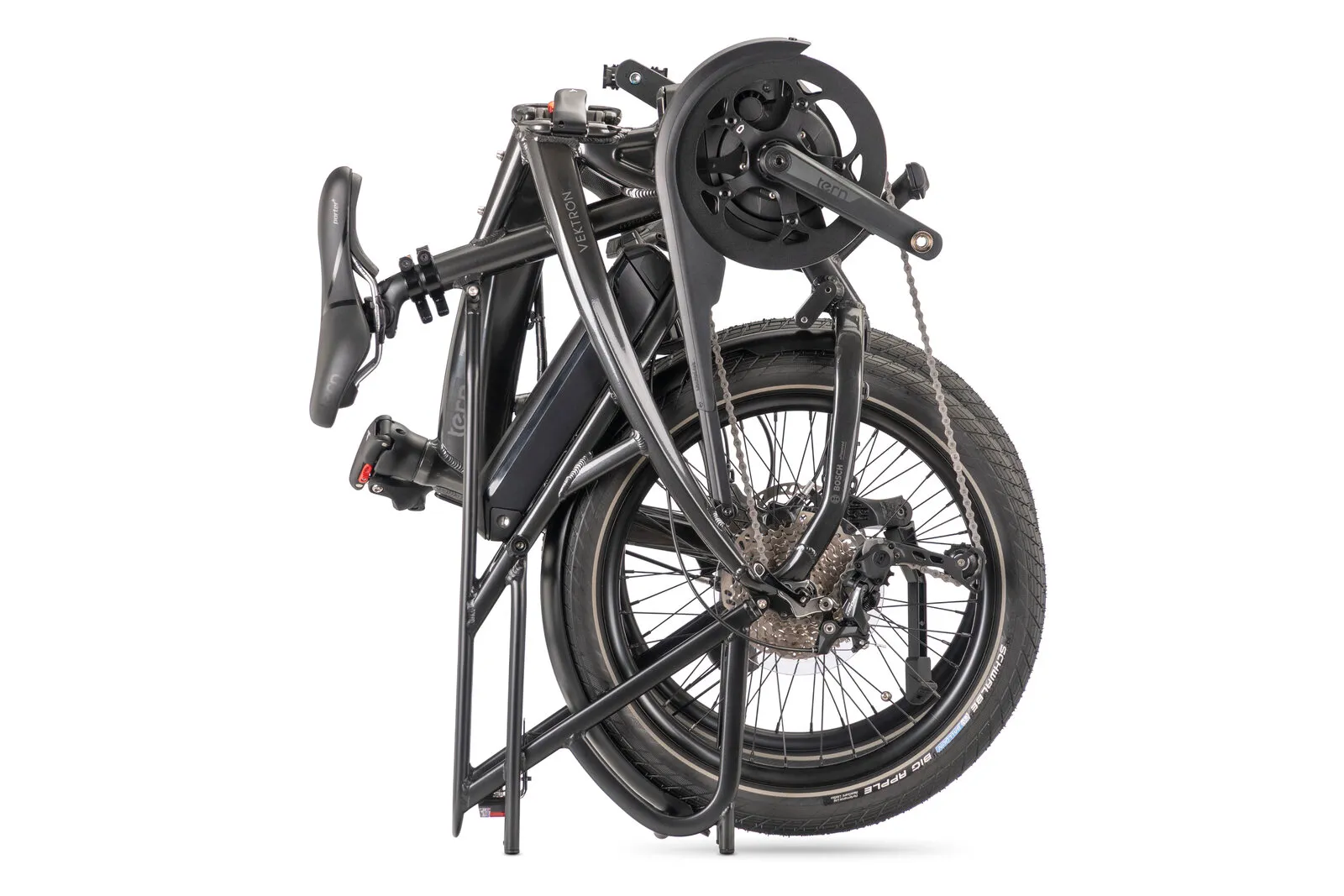 Tern Vektron P10 in cosmic black folded and standing upright on its rear rack.