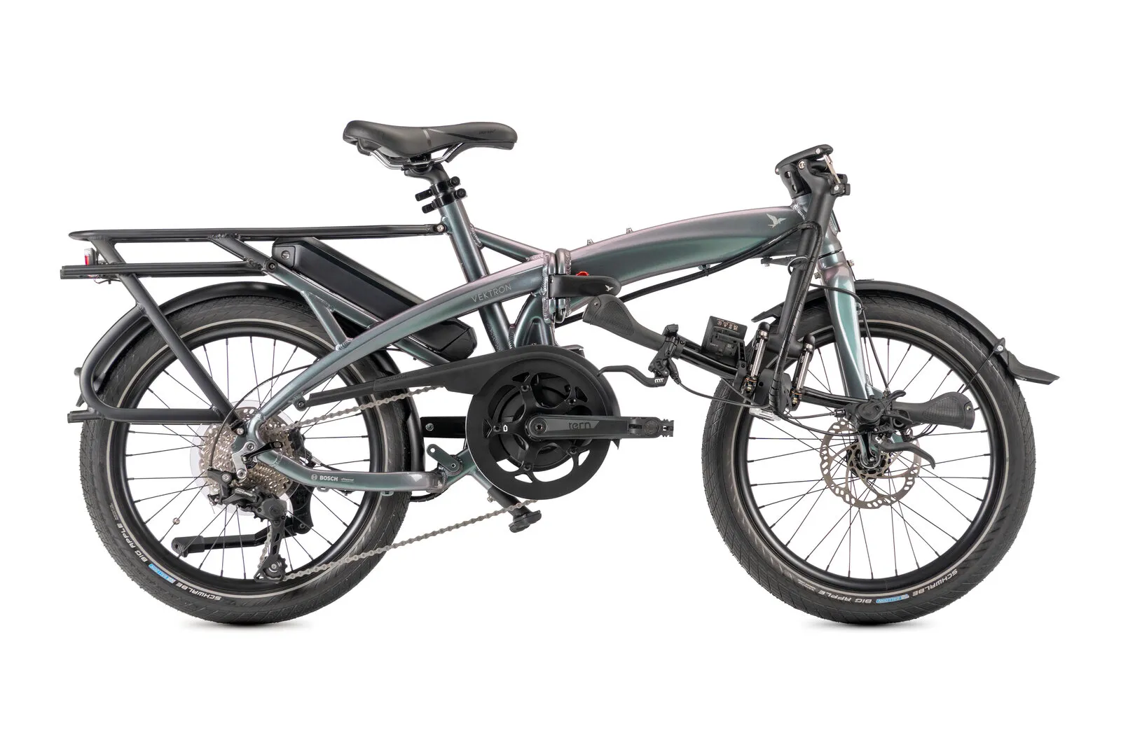 Tern Vektron P10 in urban verdant with the handlebars folded flat.