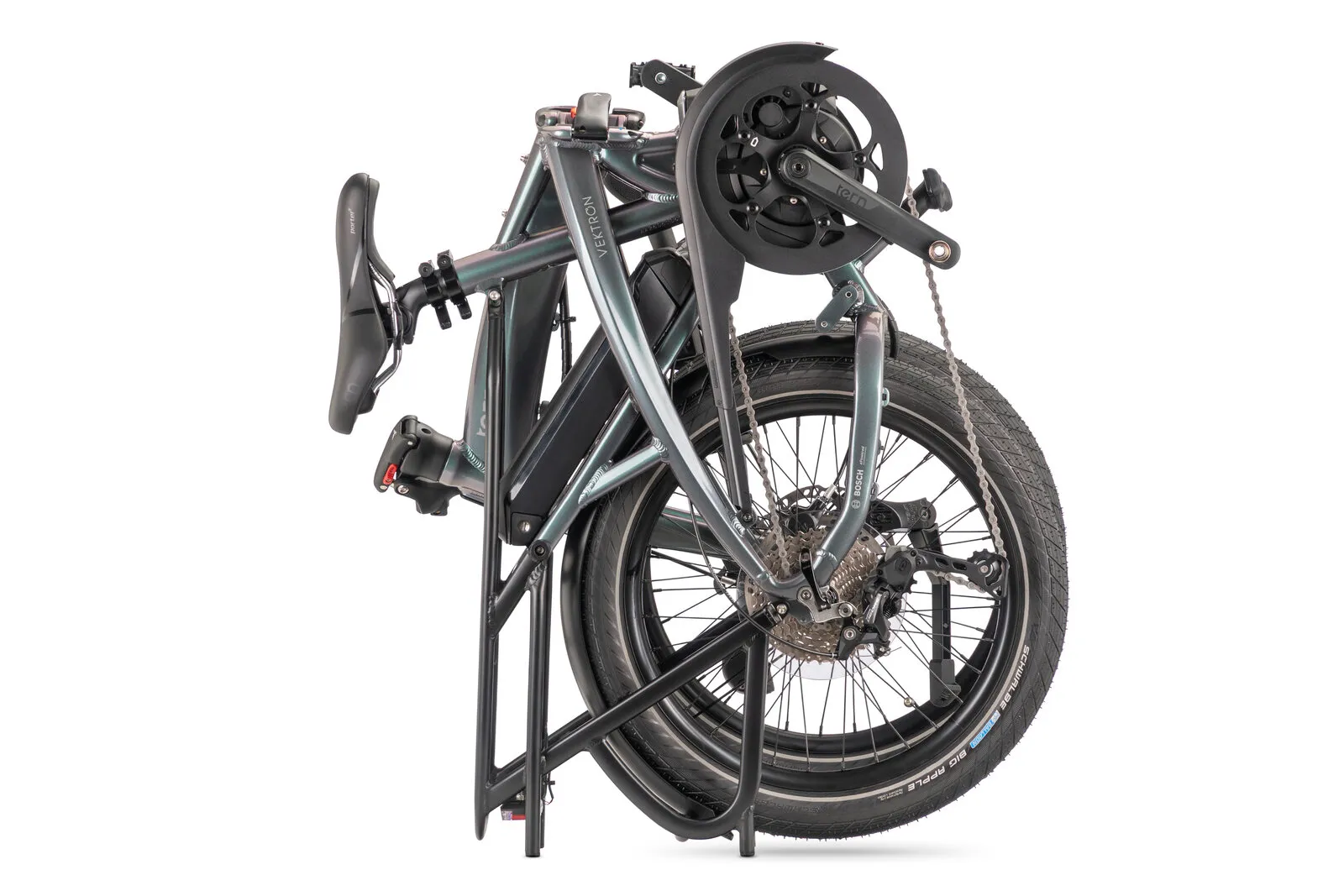 Tern Vektron P10 in urban verdant folded and standing upright on its rear rack.