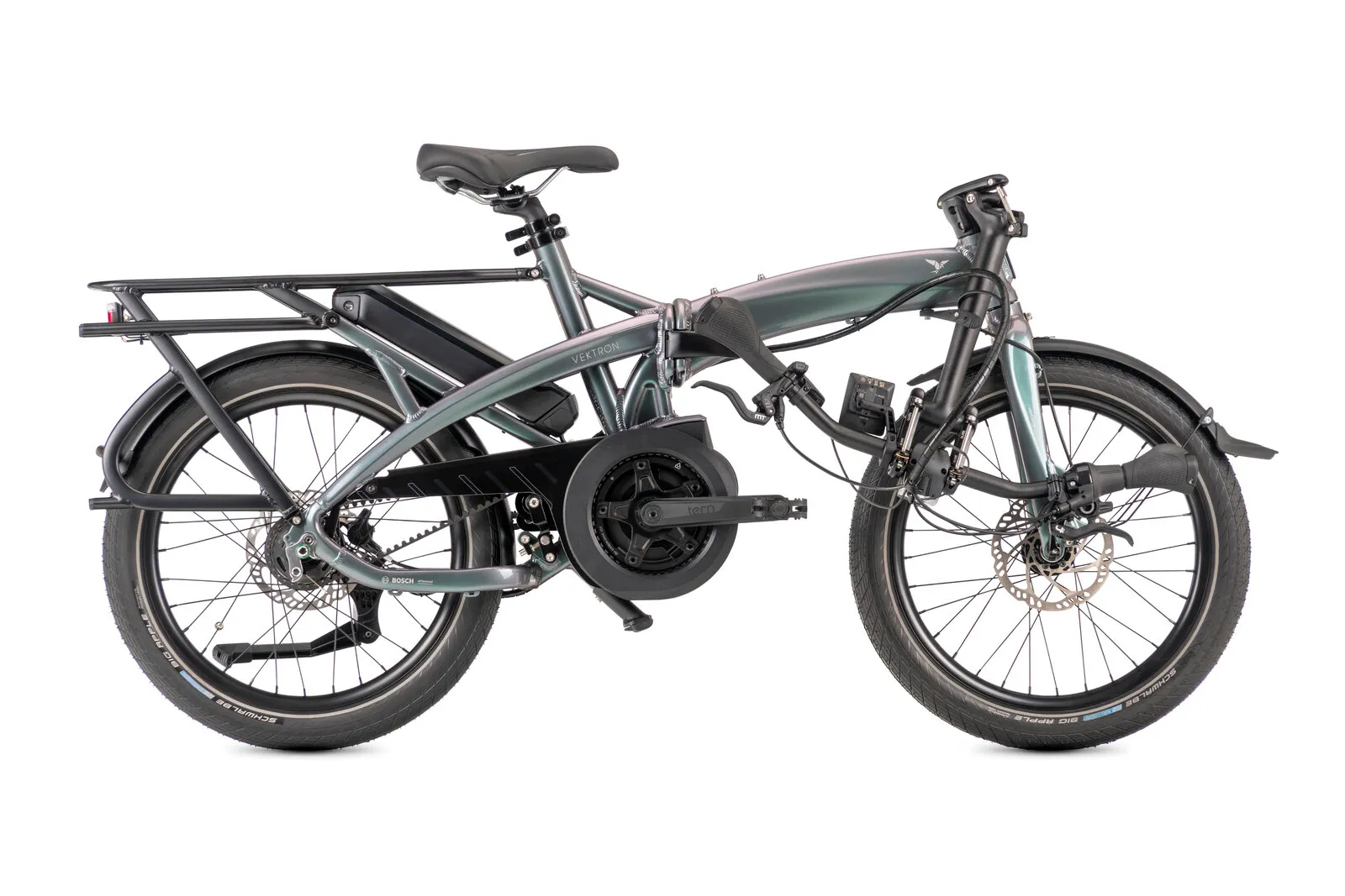 Tern Vektron P5i in urban verdant with the handlebars folded flat.