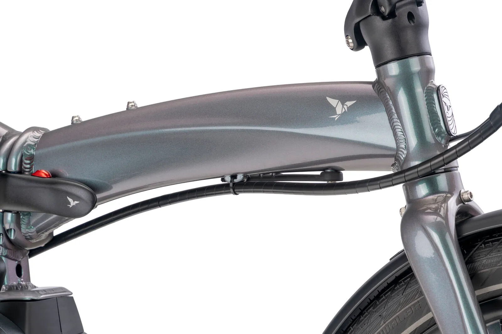 Frame detail on the Vektron in urban verdant.