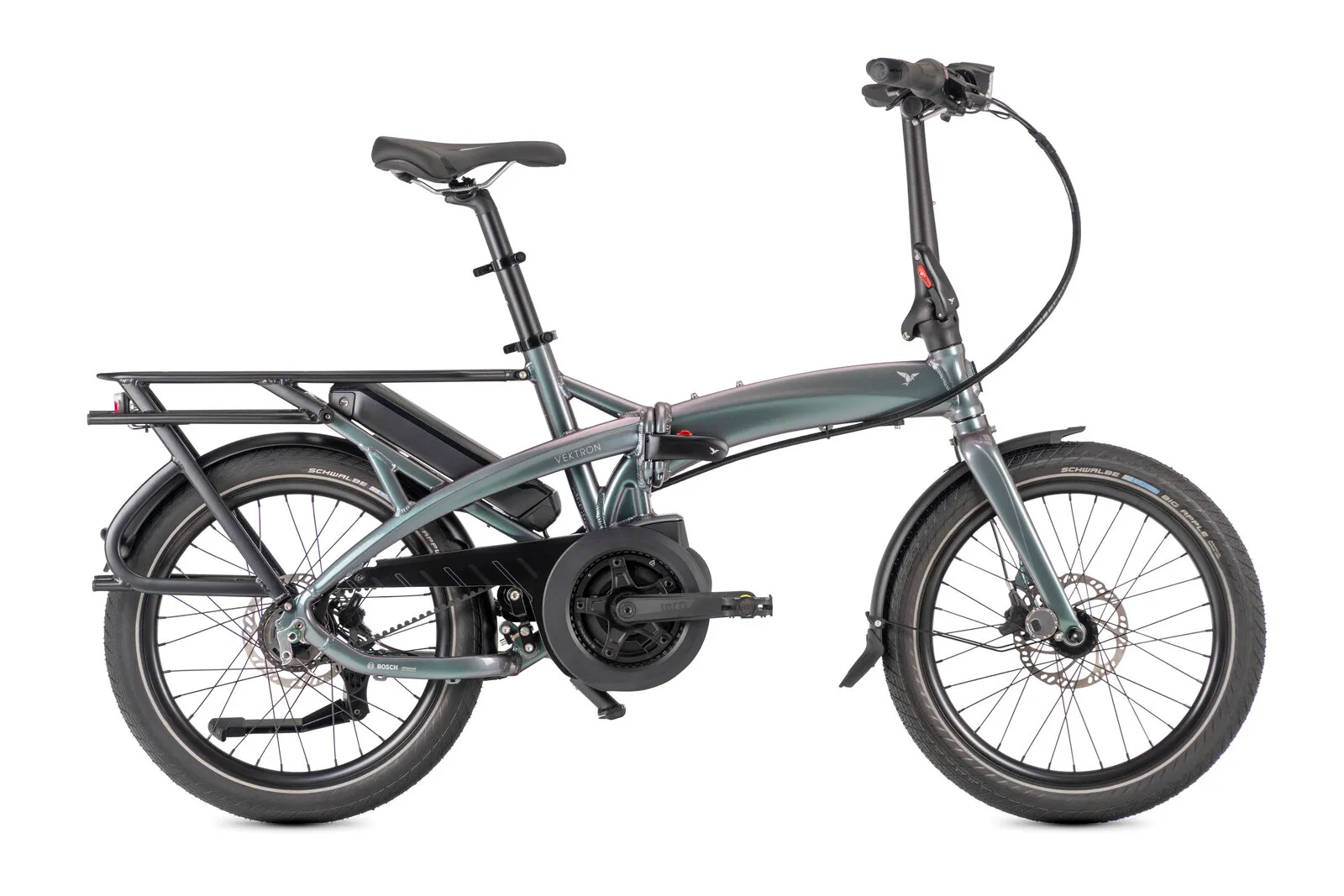 Tern Vektron P5i in urban verdant, side profile view showing the belt drive.