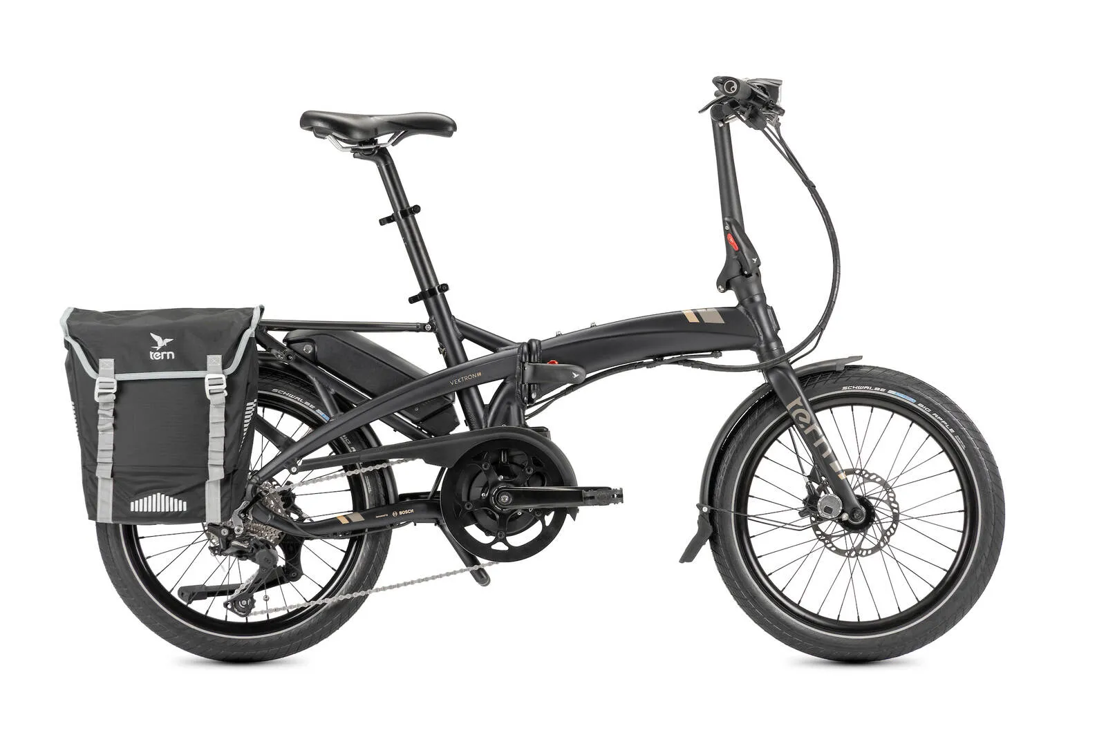 Tern Vektron S10 in satin black unfolded with rear pannier bag