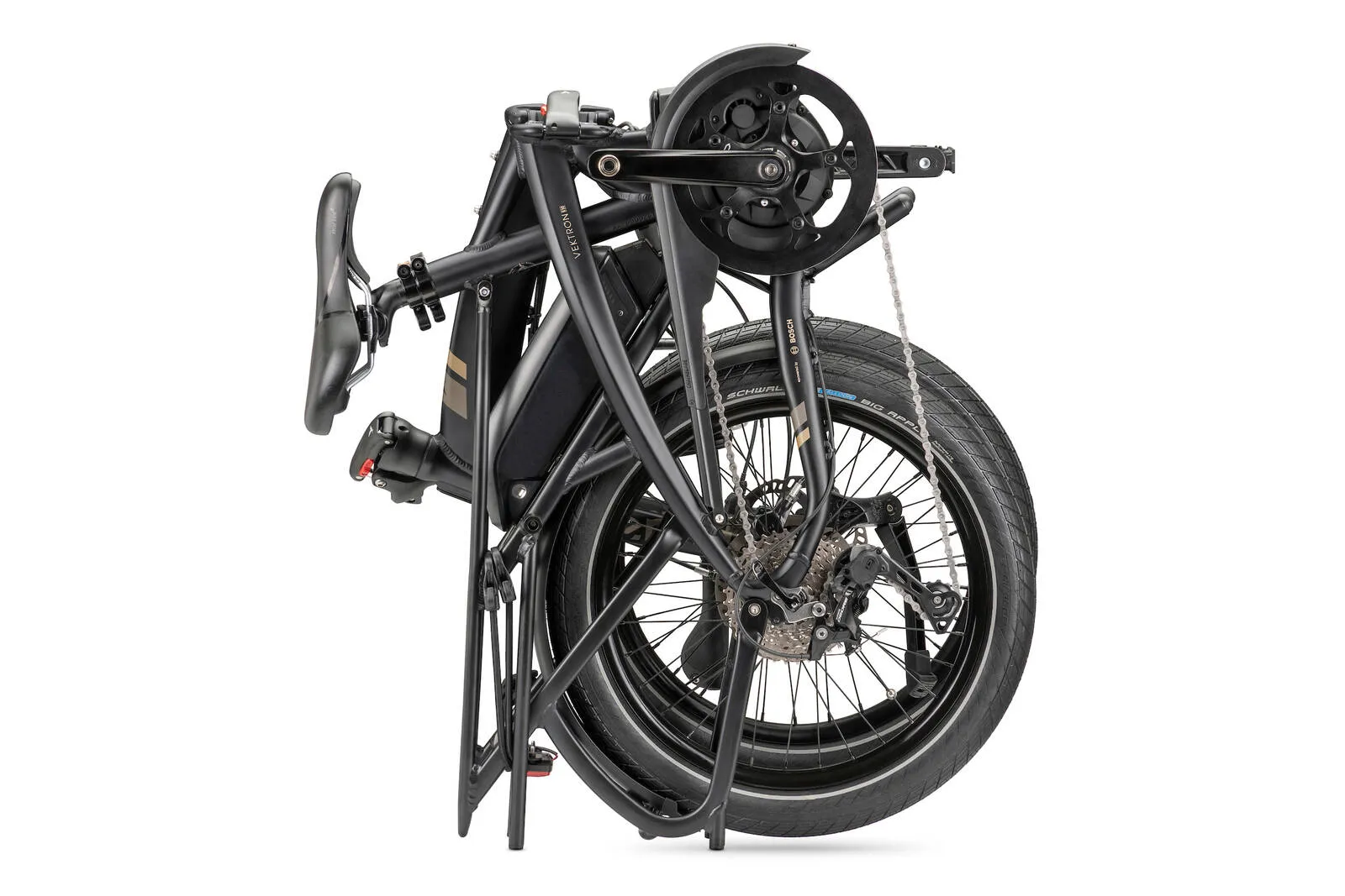 Tern Vektron S10 in satin black, folded standing on rear