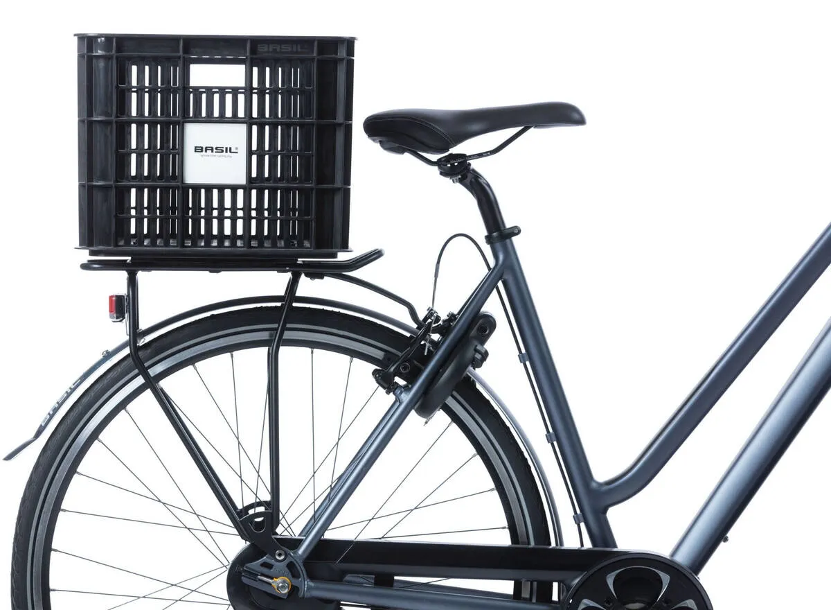Basil crate on rear rack of bike