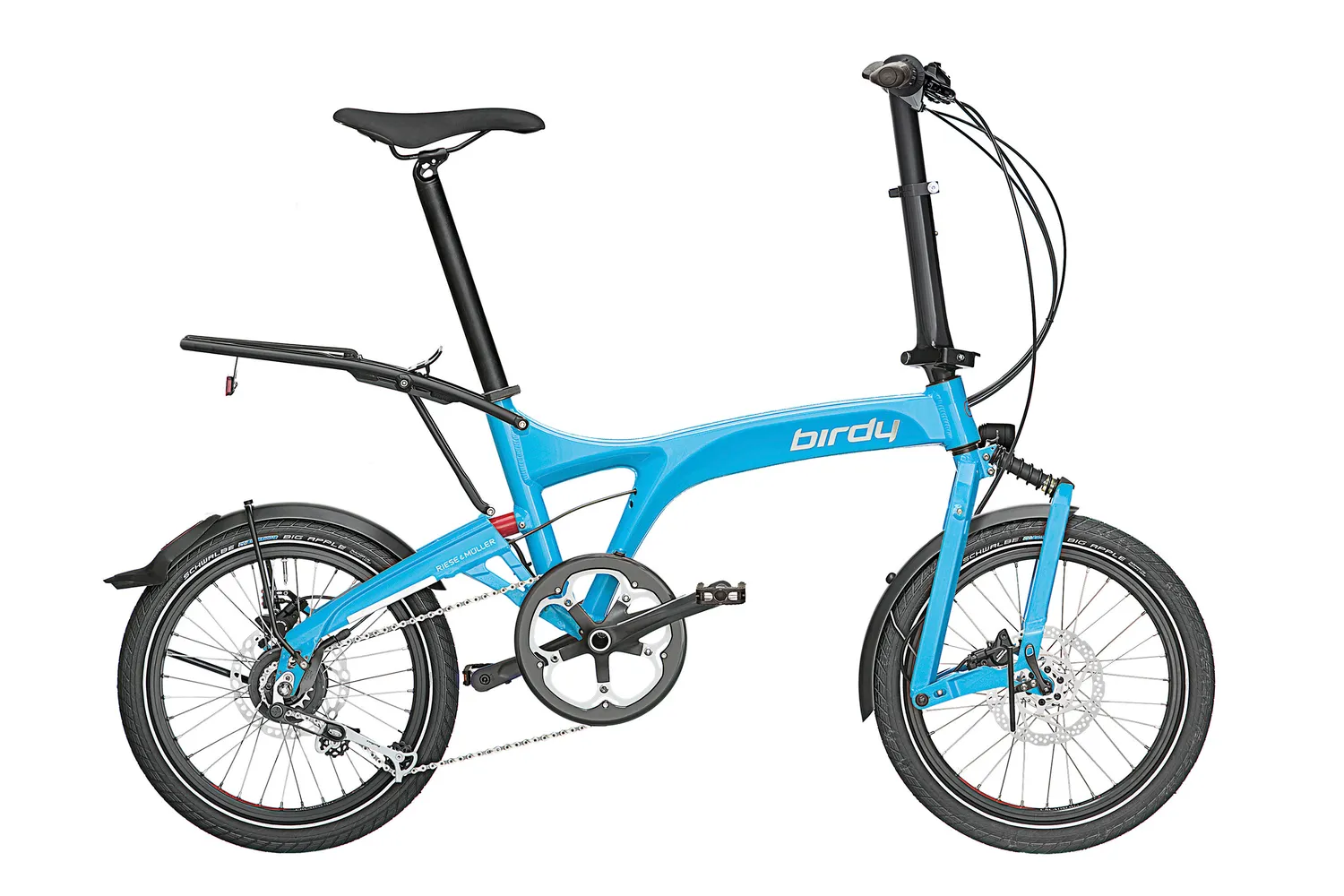 Riese & Müller Birdy city in cyan with comfort stem and carrier.