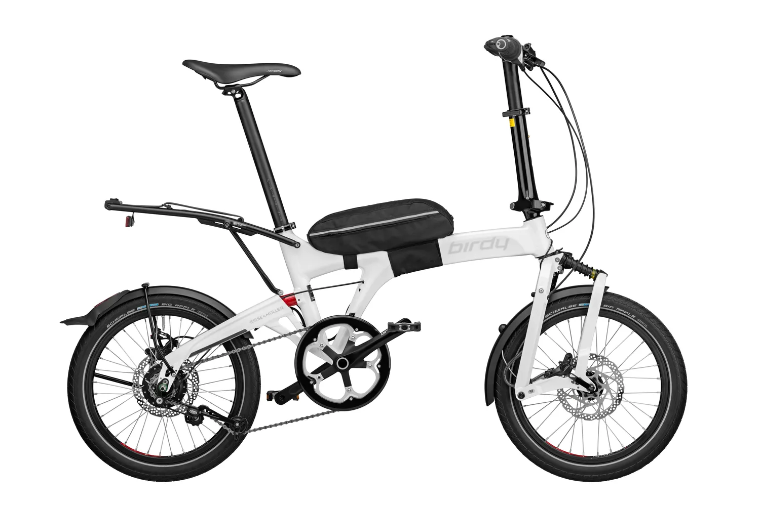 Riese & Müller Birdy city in white with comfort stem and carry bag.