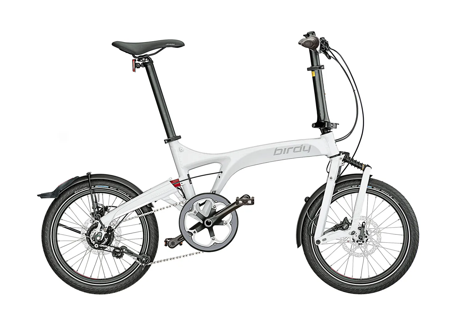 Riese & Müller Birdy city in white with comfort stem.
