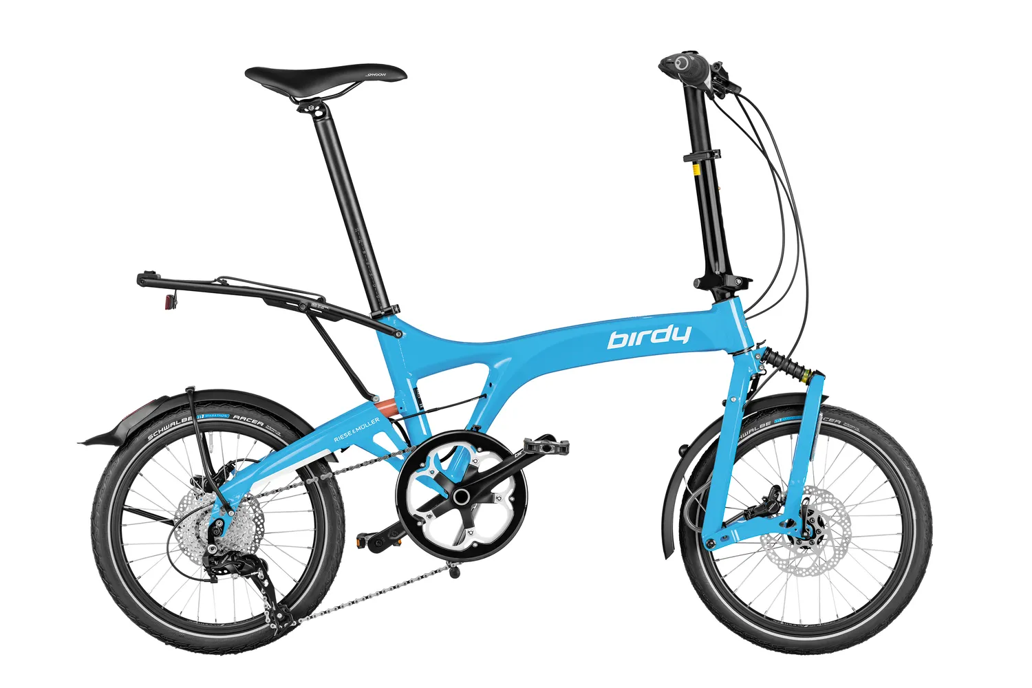 Riese & Müller Birdy touring in cyan with comfort stem and carrier.
